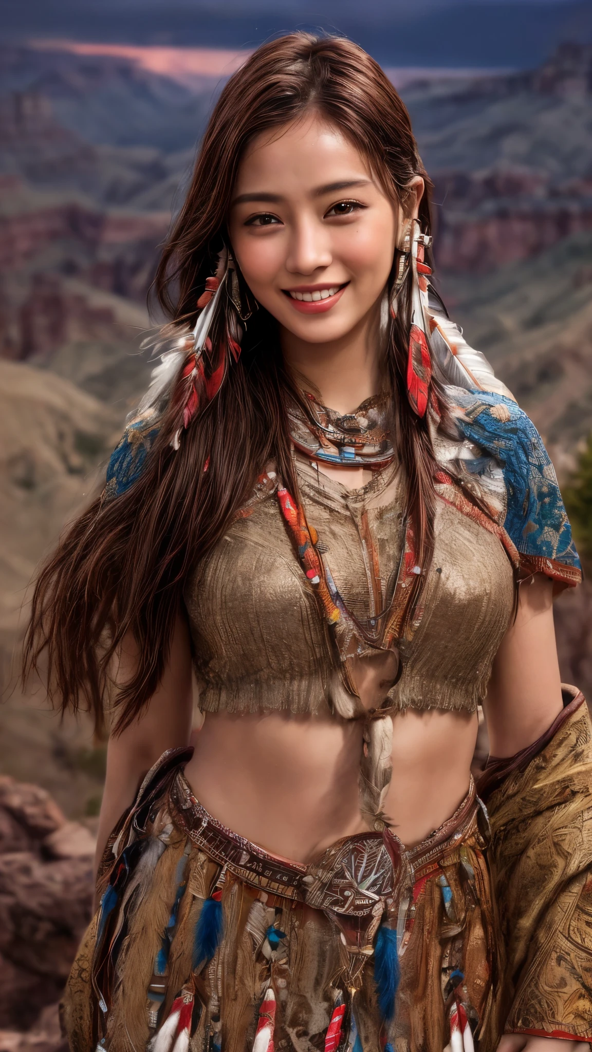 Cinematic、((Dark Skin、Red skin))、(Feather hair ornament)、Ethnic makeup、girl,((((Native American)))),Fantasy,(One person:1.3), Detailed eyes, Detailed face, detailed  Native American clothing , Volumetric lighting, evening, Highly detailed background, Standing on a big red rock, Grand Canyon、smile, Tilt your head、Very beautiful woman、Slender women、(Detailed face)、Realistic Skin、((Delicate photo))，(Girl Masterpiece RAW Photo Details:1.25), (Highest quality:1.6), (Ultra-high resolution:1.5), (Realistic:1.75),8k resolution, ,50mm,Absurd, Ultra-detailed,Cinema Lighting、((various sexy pose)))、(((various view)))、(((various color)))、(((various type girl)))、