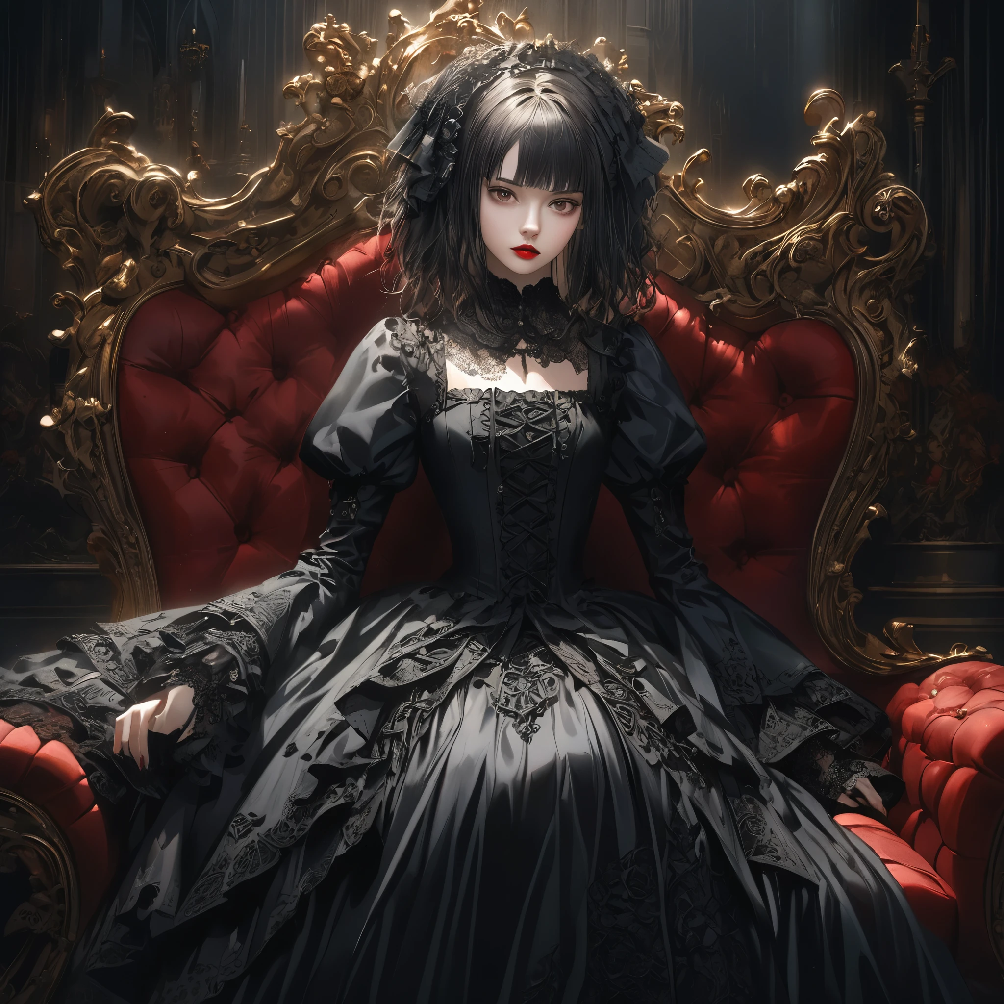 a beautiful gothic lolita girl, sitting alone on a black sofa, wearing a detailed black dress with white lace, surreal, high resolution, extremely detailed, most detailed, red lips,break, and gothic knight,standing girl side,break,baroque, intricate, cinematic lighting, dramatic composition, rich textures, vivid colors, photorealistic, "goth girls" style