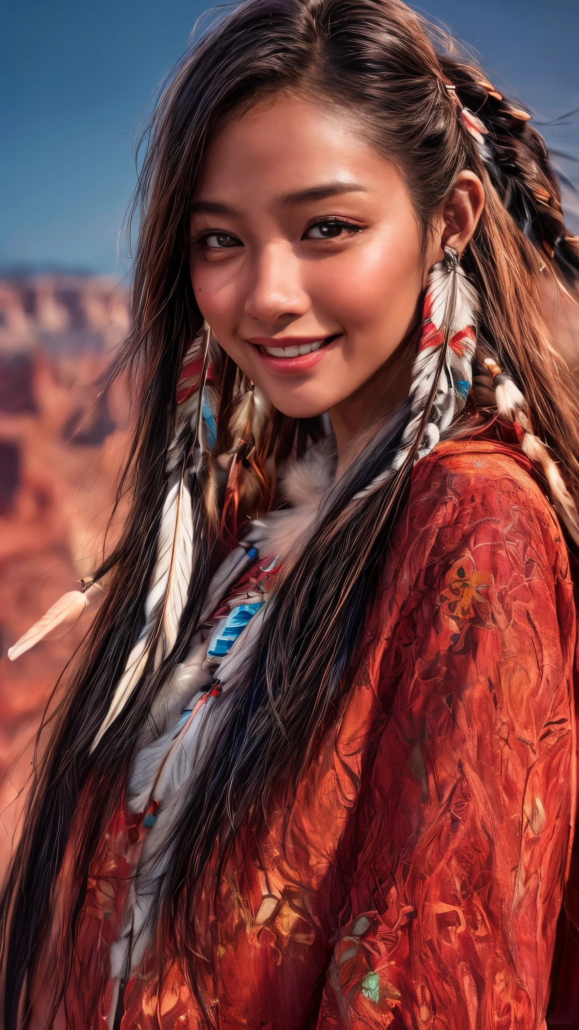 Cinematic、((Dark Skin、Red skin))、(Feather hair ornament)、Ethnic makeup、girl,((((Native American)))),Fantasy,(One person:1.3), Detailed eyes, Detailed face, detailed  Native Americanclothing , Volumetric lighting, evening, Highly detailed background, Standing on a big red rock, Grand Canyon、smile,Tilt your head、Very beautiful woman、Slender women、(Detailed face)、Realistic Skin、((Delicate photo))，(Girl Masterpiece RAW Photo Details:1.25), (Highest quality:1.6), (Ultra-high resolution:1.5), (Realistic:1.75),8k resolution, ,50mm,Absurd, Ultra-detailed,Cinema Lighting、((various sexy pose)))、(((various view)))、(((various color)))、(((various type girl)))、