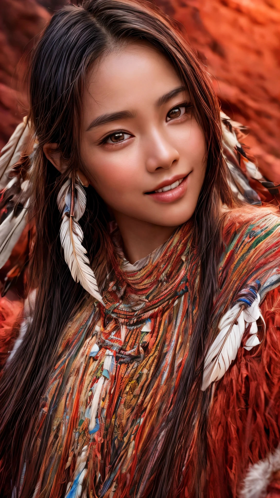 Cinematic、((Dark Skin、Red skin))、(Feather hair ornament)、Ethnic makeup、girl,((((Native American)))),Fantasy,(One person:1.3), Detailed eyes, Detailed face, detailedNative Americanclothing,Native Americanアクセサリー、Volumetric lighting, evening, Highly detailed background, Standing on a big red rock, Grand Canyon、smile,Tilt your head、Very beautiful woman、Slender women、(Detailed face)、Realistic Skin、((Delicate photo))，(Girl Masterpiece RAW Photo Details:1.25), (Highest quality:1.6), (Ultra-high resolution:1.5), (Realistic:1.75),8k resolution, ,50mm,Absurd, Ultra-detailed,Cinema Lighting、((various sexy pose)))、(((various view)))、(((various color)))、(((various type girl)))、