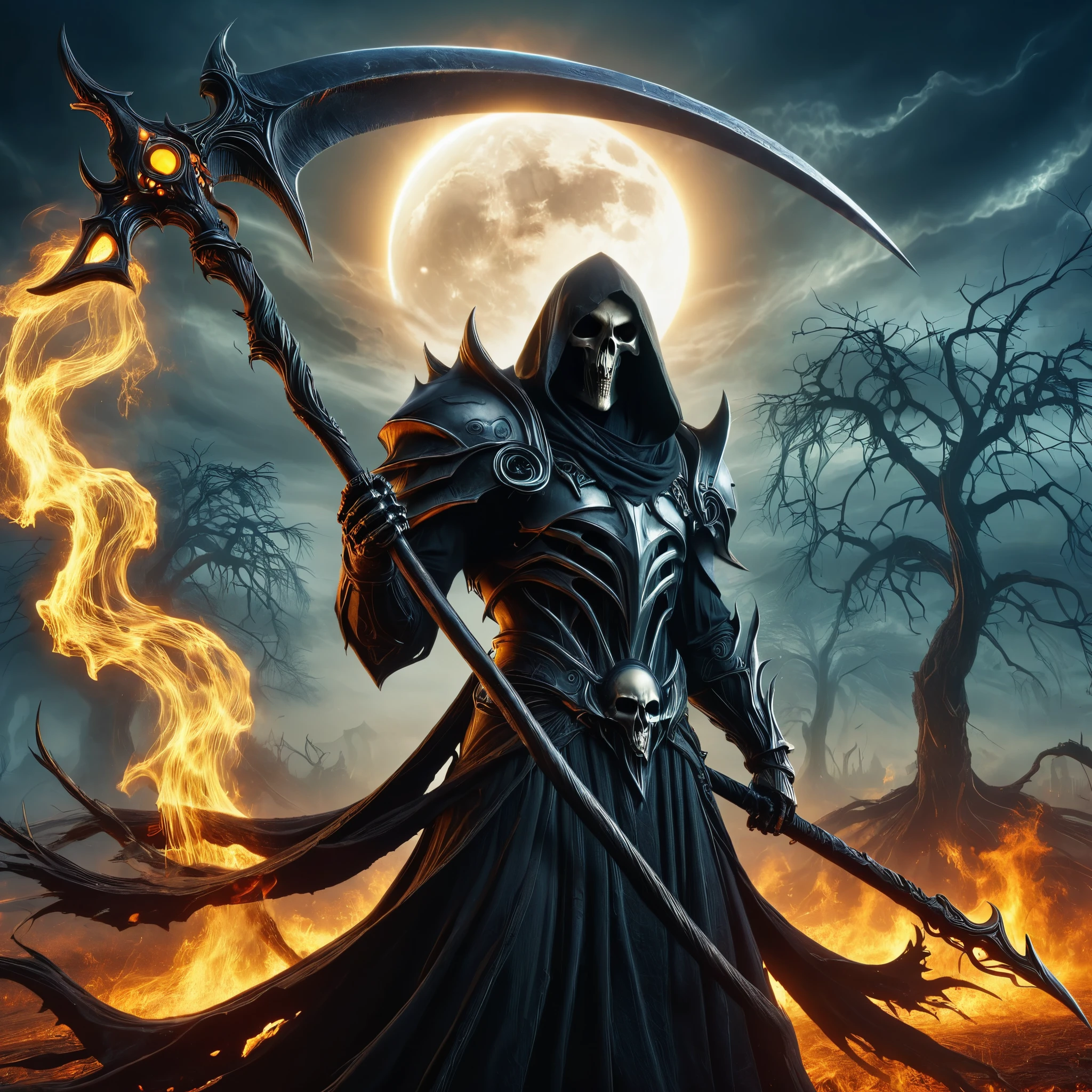 Grim reaper, Giant sickle, death scythe, shape that reaps life,end of the world, symbol of destruction, destruction, dark fantasy,smoke, rotten tree, solar eclipse, DonMN1gh7XL