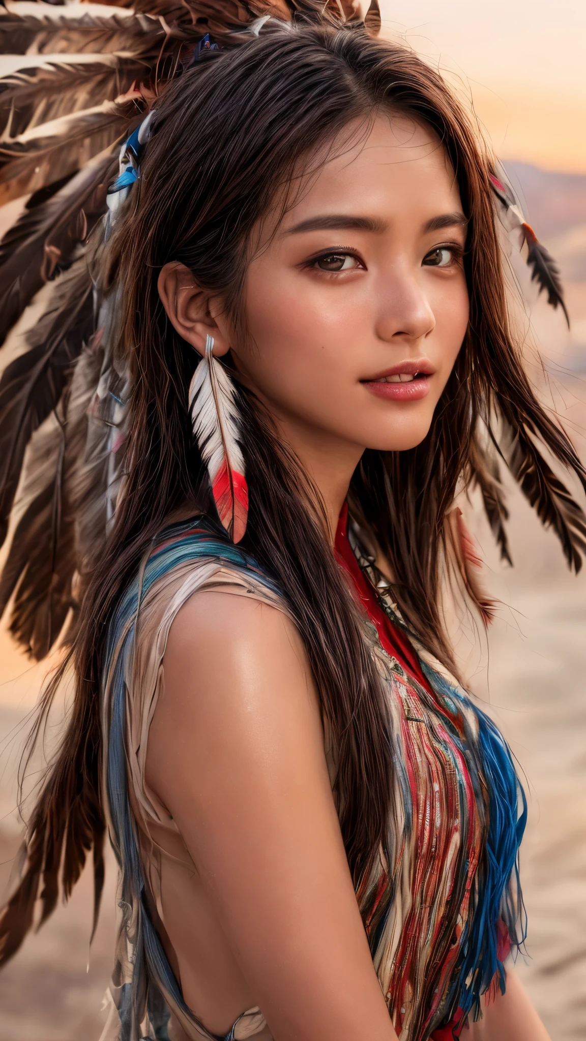 Cinematic、((Dark Skin、Red skin))、(Feather hair ornament)、Ethnic makeup、girl,((((Native American)))),Fantasy,(One person:1.3), Detailed eyes, Detailed face, detailed  Native American clothing , Volumetric lighting, evening, Highly detailed background, Standing on a big red rock, Grand Canyon、smile,((((Native Americanアクセサリー)))), Tilt your head、Very beautiful woman、Slender women、(Detailed face)、Realistic Skin、((Delicate photo))，(Girl Masterpiece RAW Photo Details:1.25), (Highest quality:1.6), (Ultra-high resolution:1.5), (Realistic:1.75),8k resolution, ,50mm,Absurd, Ultra-detailed,Cinema Lighting、((various sexy pose)))、(((various view)))、(((various color)))、(((various type girl)))、