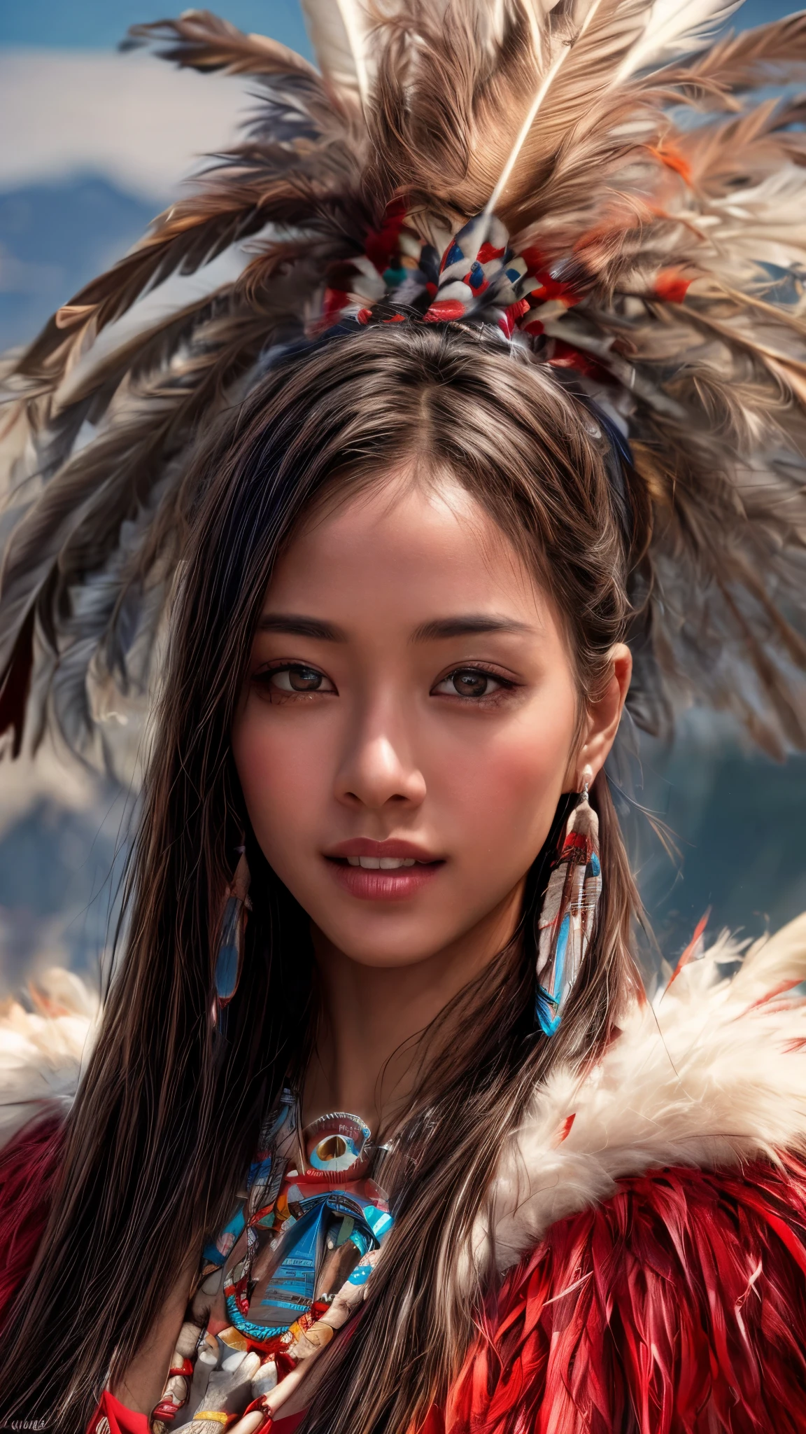 Cinematic、((Dark Skin、Red skin))、(Feather hair ornament)、Ethnic makeup、girl,((((Native American)))),Fantasy,(One person:1.3), Detailed eyes, Detailed face, detailed  Native Americanclothing , Volumetric lighting, evening, Highly detailed background, Standing on a big red rock, Grand Canyon、smile,Tilt your head、Very beautiful woman、Slender women、(Detailed face)、Realistic Skin、((Delicate photo))，(Girl Masterpiece RAW Photo Details:1.25), (Highest quality:1.6), (Ultra-high resolution:1.5), (Realistic:1.75),8k resolution, ,50mm,Absurd, Ultra-detailed,Cinema Lighting、((various sexy pose)))、(((various view)))、(((various color)))、(((various type girl)))、