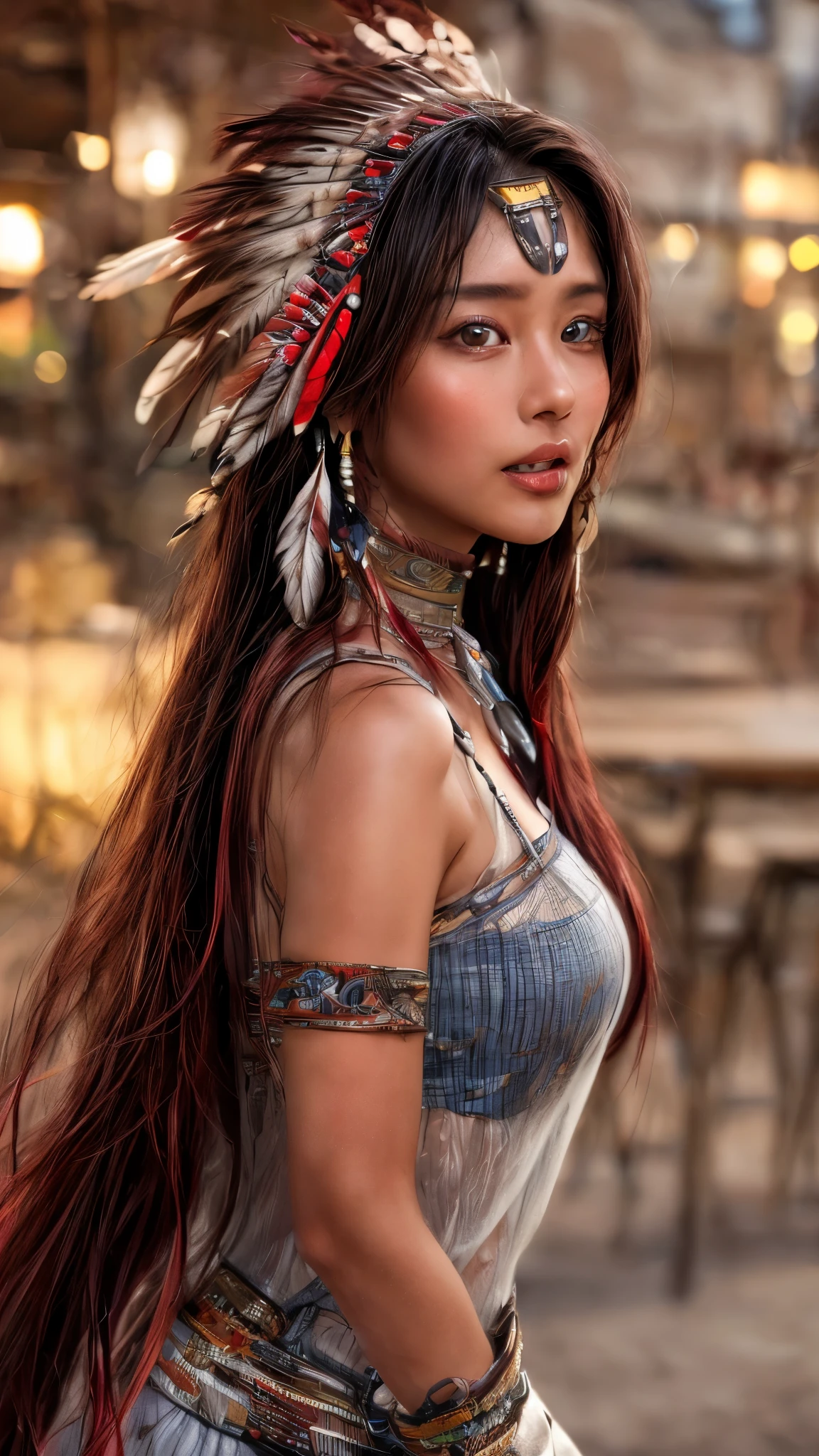 Cinematic、((Dark Skin、Red skin))、(Feather hair ornament)、Ethnic makeup、girl,((((Native American)))),Fantasy,(One person:1.3), Detailed eyes, Detailed face, detailed 、Native Americanclothing, Volumetric lighting, evening, Highly detailed background, Standing on a big red rock, Grand Canyon、smile,((((Native Americanアクセサリー)))), Tilt your head、Very beautiful woman、Slender women、(Detailed face)、Realistic Skin、((Delicate photo))，(Girl Masterpiece RAW Photo Details:1.25), (Highest quality:1.6), (Ultra-high resolution:1.5), (Realistic:1.75),8k resolution, ,50mm,Absurd, Ultra-detailed,Cinema Lighting、((various sexy pose)))、(((various view)))、(((various color)))、(((various type girl)))、