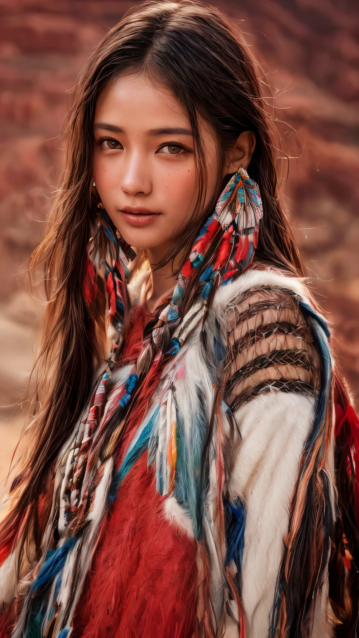 Cinematic、((Dark Skin、Red skin))、(Feather hair ornament)、Ethnic makeup、girl,((((Native American)))),Fantasy,(One person:1.3), Detailed eyes, Detailed face, detailed 、Native Americanclothing, Volumetric lighting, evening, Highly detailed background, Standing on a big red rock, Grand Canyon、smile,((((Native Americanアクセサリー)))), Tilt your head、Very beautiful woman、Slender women、(Detailed face)、Realistic Skin、((Delicate photo))，(Girl Masterpiece RAW Photo Details:1.25), (Highest quality:1.6), (Ultra-high resolution:1.5), (Realistic:1.75),8k resolution, ,50mm,Absurd, Ultra-detailed,Cinema Lighting、((various sexy pose)))、(((various view)))、(((various color)))、(((various type girl)))、