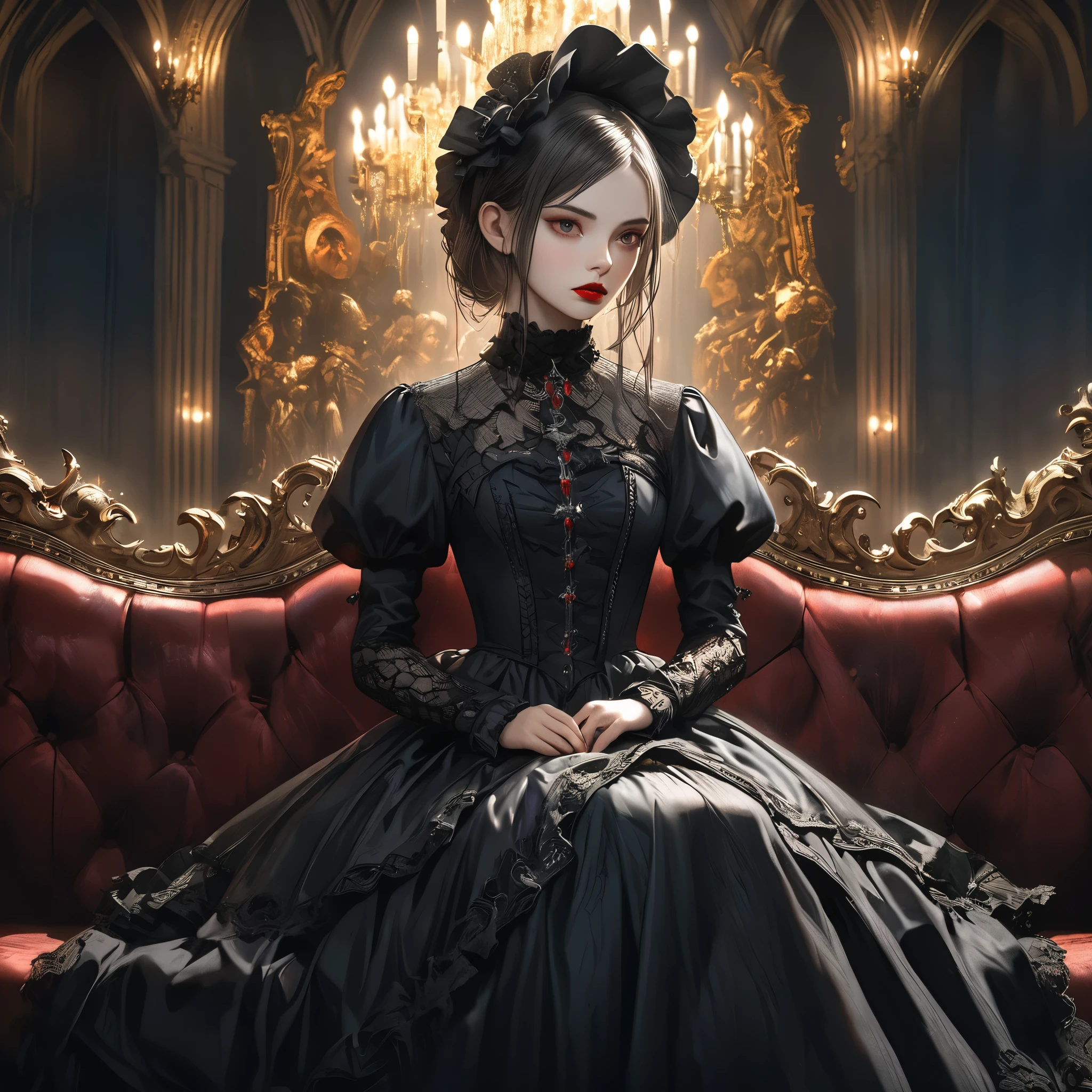 a beautiful gothic lolita girl, sitting alone on a black sofa, wearing a detailed black dress with white lace, surreal, high resolution, extremely detailed, most detailed, red lips,break, and gothic knight,standing girl side,break,baroque, intricate, cinematic lighting, dramatic composition, rich textures, vivid colors, photorealistic, "goth girls" style