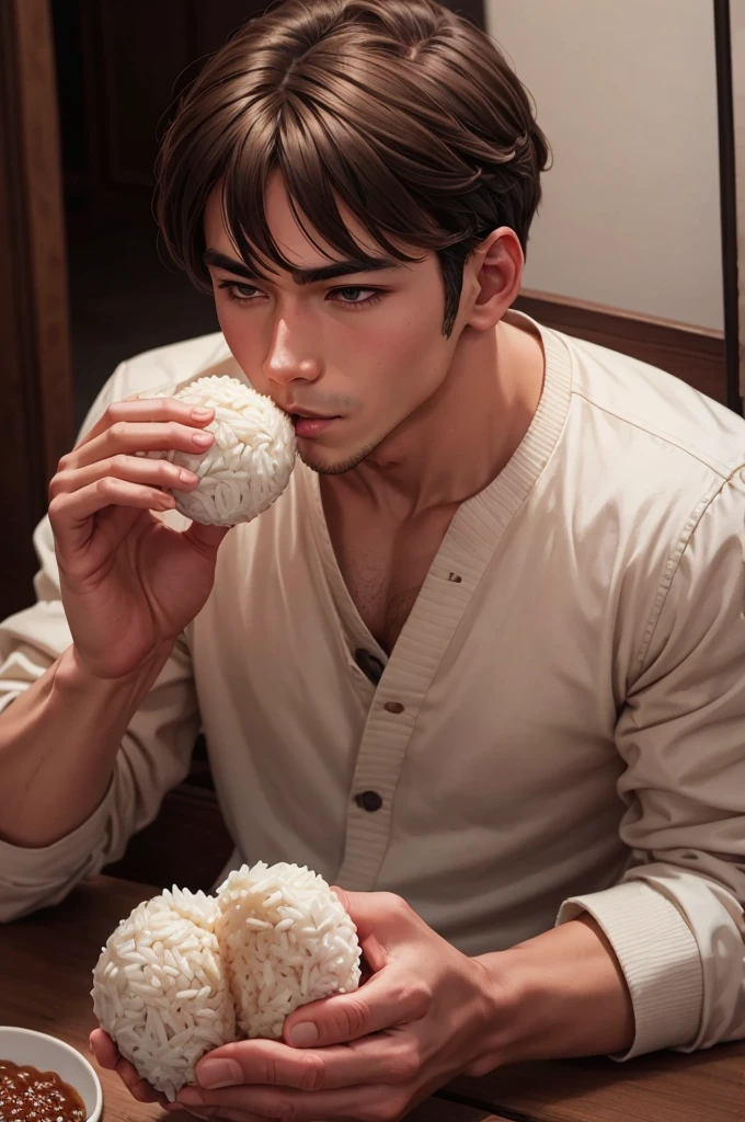 Young man eating a big rice ball