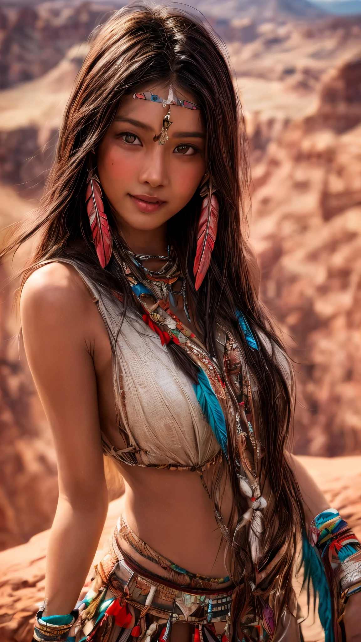 Cinematic、((Dark Skin、Red skin))、(Feather hair ornament)、Ethnic makeup、girl,((((Native American)))),Fantasy,(One person:1.3), Detailed eyes, Detailed face, detailed  Native Americanclothing , Volumetric lighting, evening, Highly detailed background, Standing on a big red rock, Grand Canyon、smile,Tilt your head、Very beautiful woman、Slender women、(Detailed face)、Realistic Skin、((Delicate photo))，(Girl Masterpiece RAW Photo Details:1.25), (Highest quality:1.6), (Ultra-high resolution:1.5), (Realistic:1.75),8k resolution, ,50mm,Absurd, Ultra-detailed,Cinema Lighting、((various sexy pose)))、(((various view)))、(((various color)))、(((various type girl)))、