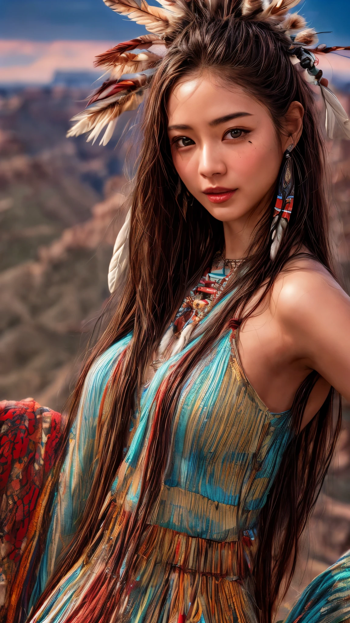 Cinematic、((Dark Skin、Red skin))、(Feather hair ornament)、Ethnic makeup、girl,((((Native American)))),Fantasy,(One person:1.3), Detailed eyes, Detailed face, detailed  Native Americanclothing , Volumetric lighting, evening, Highly detailed background, Standing on a big red rock, Grand Canyon、smile,Tilt your head、Very beautiful woman、Slender women、(Detailed face)、Realistic Skin、((Delicate photo))，(Girl Masterpiece RAW Photo Details:1.25), (Highest quality:1.6), (Ultra-high resolution:1.5), (Realistic:1.75),8k resolution, ,50mm,Absurd, Ultra-detailed,Cinema Lighting、((various sexy pose)))、(((various view)))、(((various color)))、(((various type girl)))、