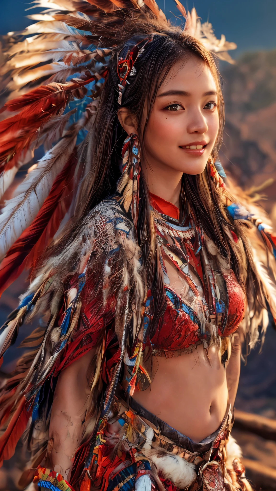 Cinematic、((Dark Skin、Red skin))、(Feather hair ornament)、Ethnic painting、girl,((((Native American)))),Fantasy,(One person:1.3), Detailed eyes, Detailed face, detailed  Native Americanclothing , Volumetric lighting, evening, Highly detailed background, Standing on a big red rock, Grand Canyon、smile,Tilt your head、Very beautiful woman、Slender women、(Detailed face)、Realistic Skin、((Delicate photo))，(Girl Masterpiece RAW Photo Details:1.25), (Highest quality:1.6), (Ultra-high resolution:1.5), (Realistic:1.75),8k resolution, ,50mm,Absurd, Ultra-detailed,Cinema Lighting、((various sexy pose)))、(((various view)))、(((various color)))、(((various type girl)))、