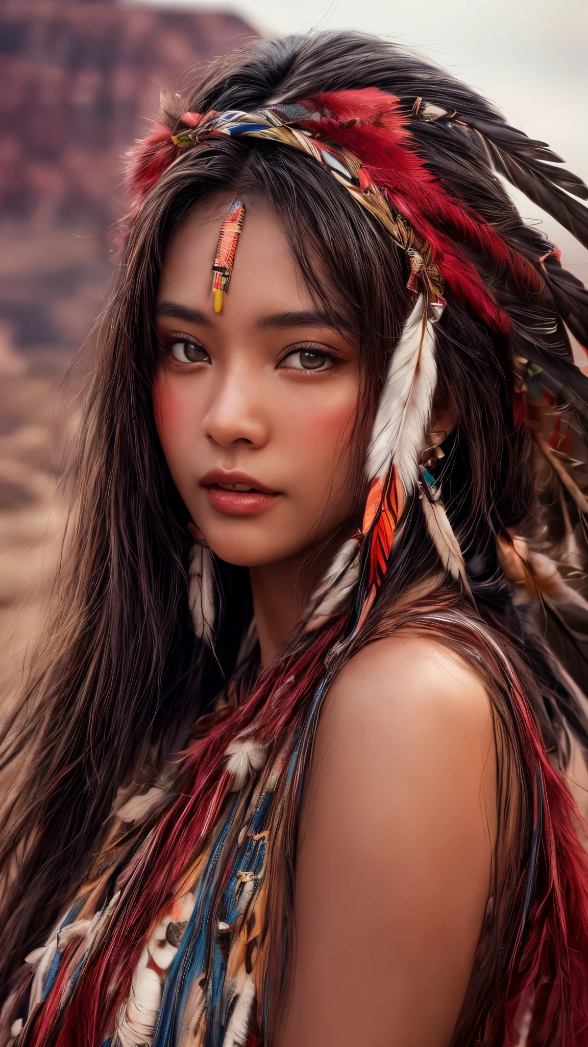 Cinematic、((Dark Skin、Red skin))、(Feather hair ornament)、Ethnic makeup、girl,((((Native American)))),Fantasy,(One person:1.3), Detailed eyes, Detailed face, detailed  Native Americanclothing , Volumetric lighting, evening, Highly detailed background, Standing on a big red rock, Grand Canyon、smile,Tilt your head、Very beautiful woman、Slender women、(Detailed face)、Realistic Skin、((Delicate photo))，(Girl Masterpiece RAW Photo Details:1.25), (Highest quality:1.6), (Ultra-high resolution:1.5), (Realistic:1.75),8k resolution, ,50mm,Absurd, Ultra-detailed,Cinema Lighting、((various sexy pose)))、(((various view)))、(((various color)))、(((various type girl)))、