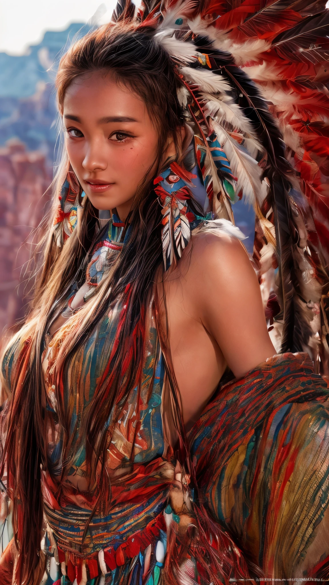 Cinematic、((Dark Skin、Red skin))、(Feather hair ornament)、Ethnic painting、girl,((((Native American)))),Fantasy,(One person:1.3), Detailed eyes, Detailed face, detailed  Native Americanclothing , Volumetric lighting, evening, Highly detailed background, Standing on a big red rock, Grand Canyon、smile,Tilt your head、Very beautiful woman、Slender women、(Detailed face)、Realistic Skin、((Delicate photo))，(Girl Masterpiece RAW Photo Details:1.25), (Highest quality:1.6), (Ultra-high resolution:1.5), (Realistic:1.75),8k resolution, ,50mm,Absurd, Ultra-detailed,Cinema Lighting、((various sexy pose)))、(((various view)))、(((various color)))、(((various type girl)))、