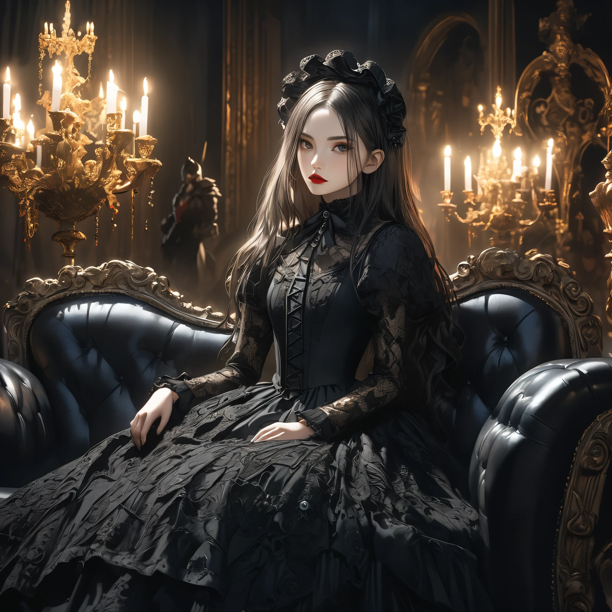 a beautiful gothic ****ta girl, sitting alone on a black sofa, wearing a detailed black dress with white lace, surreal, high resolution, extremely detailed, most detailed, red lips, and gothic knight,standing girl size,baroque, intricate, cinematic lighting, dramatic composition, rich textures, vivid colors, photorealistic, "goth girls" style