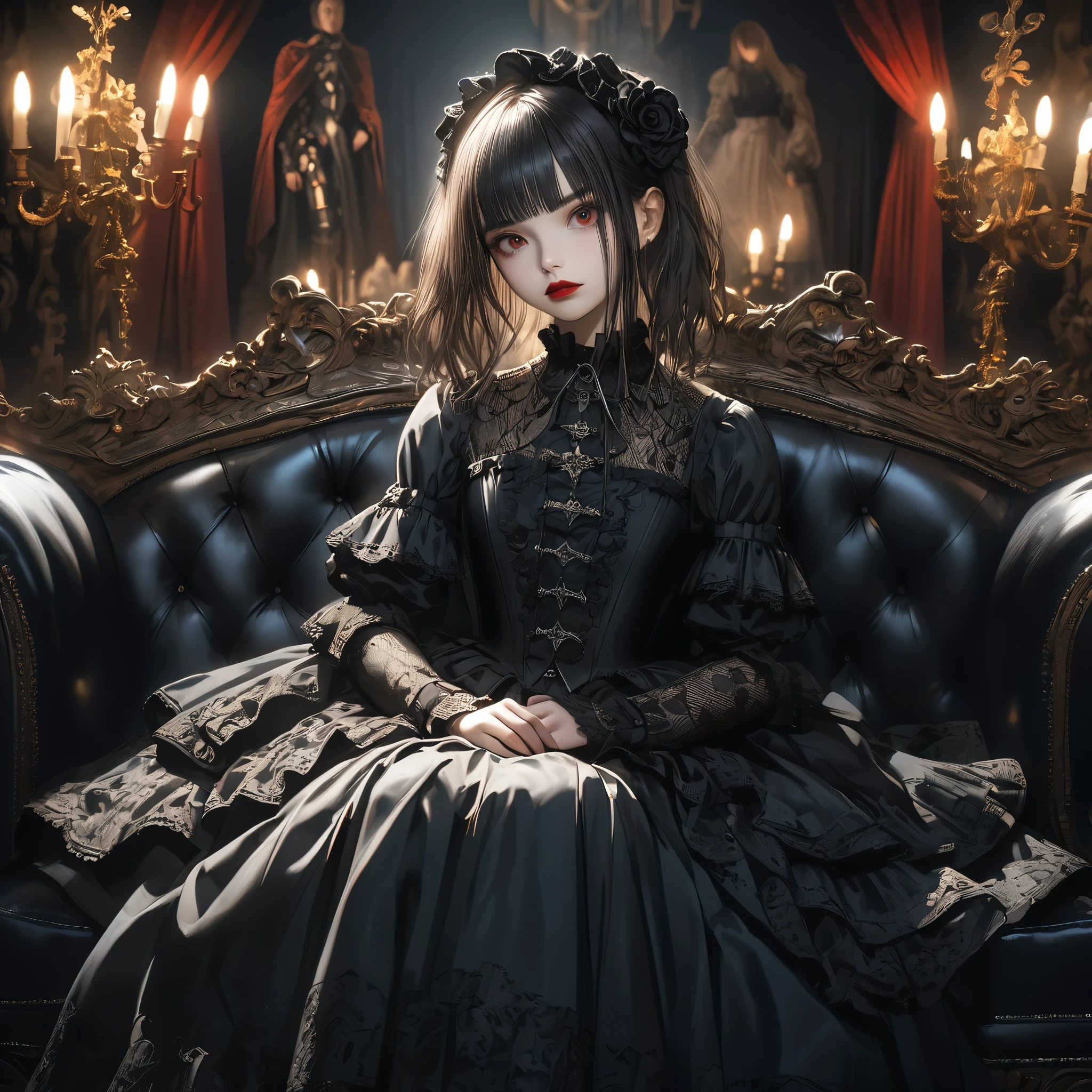 a beautiful gothic lolita girl, sitting alone on a black sofa, wearing a detailed black dress with white lace, surreal, high resolution, extremely detailed, most detailed, red lips, and gothic knight,standing girl size,baroque, intricate, cinematic lighting, dramatic composition, rich textures, vivid colors, photorealistic, "goth girls" style