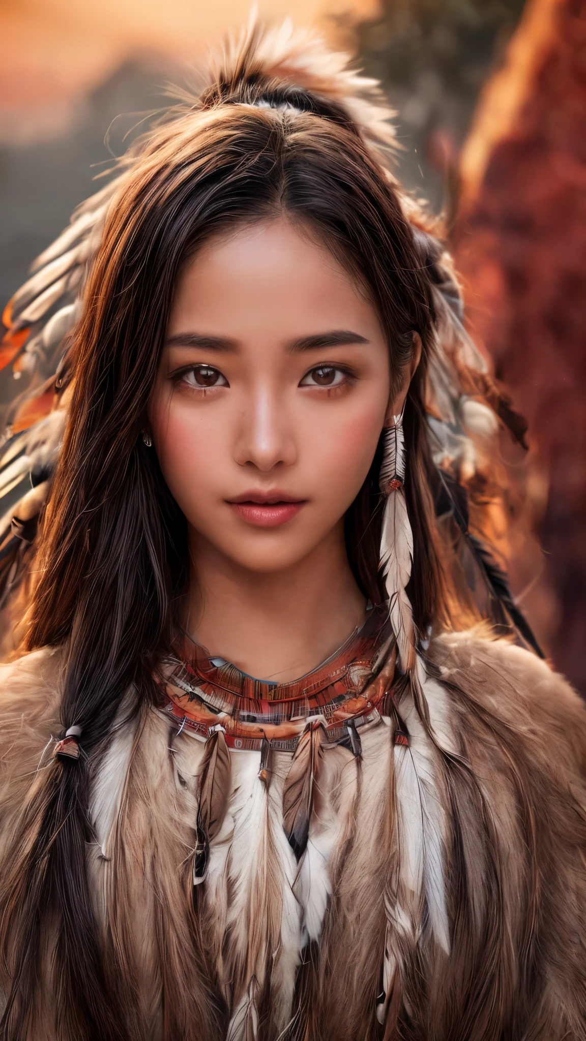 Cinematic、((Dark Skin、Red skin))、(Feather hair ornament)、Ethnic makeup、girl,((((Native American)))),Fantasy,(One person:1.3), Detailed eyes, Detailed face, detailed 、Native Americanclothing, Volumetric lighting, evening, Highly detailed background, Standing on a big red rock, Grand Canyon、smile,((((Native Americanアクセサリー)))), Tilt your head、Very beautiful woman、Slender women、(Detailed face)、Realistic Skin、((Delicate photo))，(Girl Masterpiece RAW Photo Details:1.25), (Highest quality:1.6), (Ultra-high resolution:1.5), (Realistic:1.75),8k resolution, ,50mm,Absurd, Ultra-detailed,Cinema Lighting、((various sexy pose)))、(((various view)))、(((various color)))、(((various type girl)))、