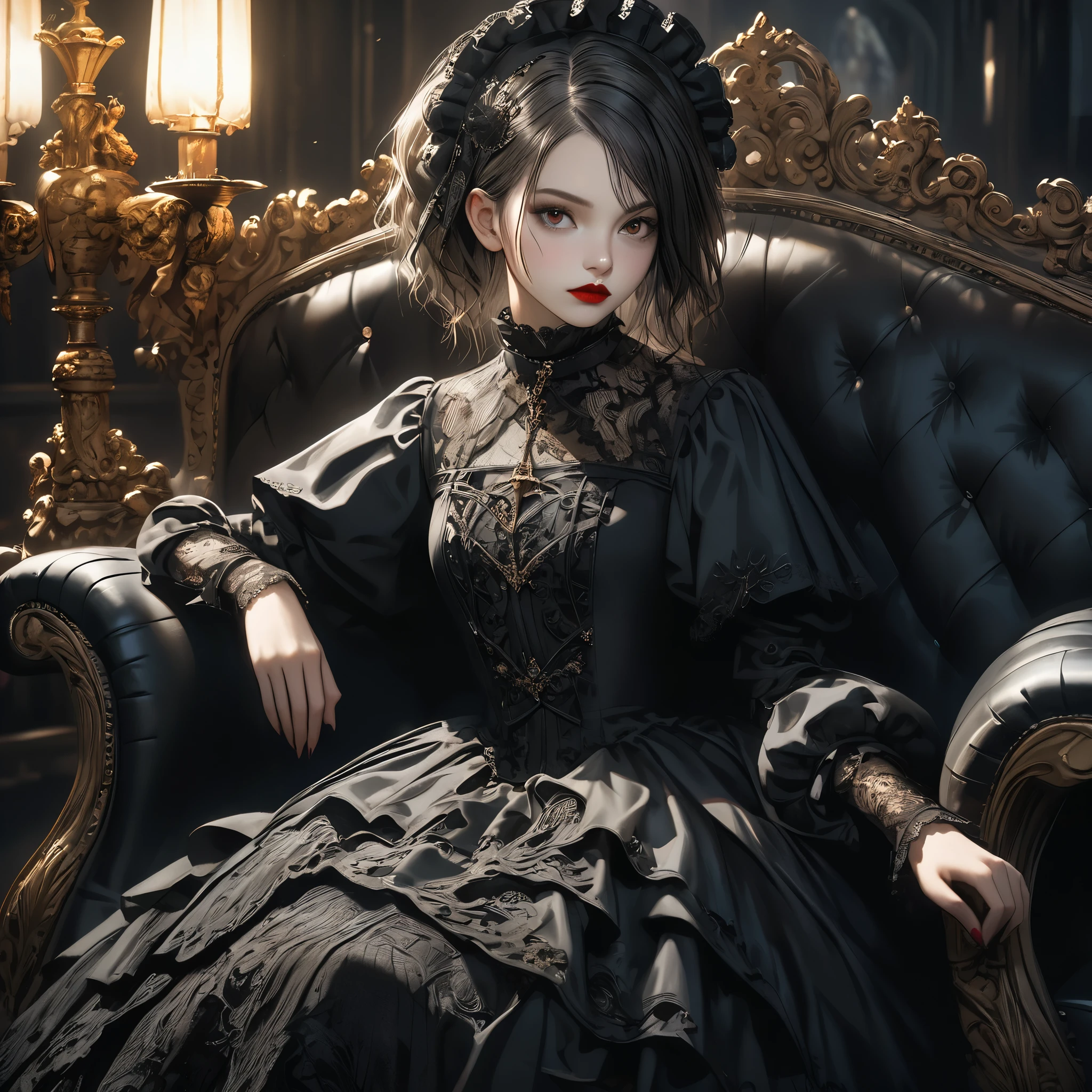 a beautiful gothic lolita girl, sitting alone on a black sofa, wearing a detailed black dress with white lace, surreal, high resolution, extremely detailed, most detailed, red lips, and gothic knight,standing girl size,baroque, intricate, cinematic lighting, dramatic composition, rich textures, vivid colors, photorealistic, "goth girls" style