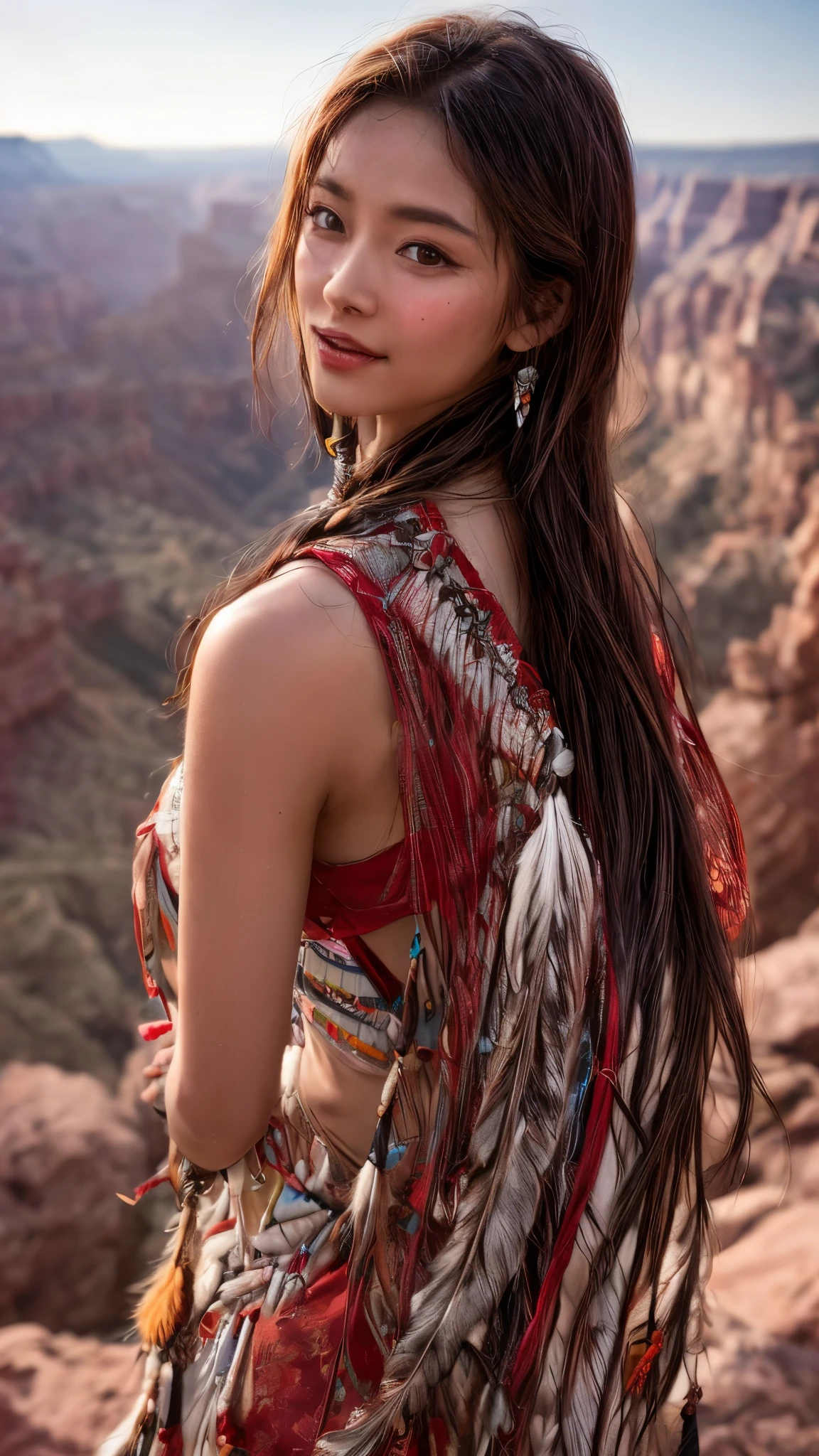 Cinematic、((Dark Skin、Red skin))、(Feather hair ornament)、Ethnic makeup、girl,((((Native American)))),Fantasy,(One person:1.3), Detailed eyes, Detailed face, detailed 、Native Americanclothing, Volumetric lighting, evening, Highly detailed background, Standing on a big red rock, Grand Canyon、smile,((((Native Americanアクセサリー)))), Tilt your head、Very beautiful woman、Slender women、(Detailed face)、Realistic Skin、((Delicate photo))，(Girl Masterpiece RAW Photo Details:1.25), (Highest quality:1.6), (Ultra-high resolution:1.5), (Realistic:1.75),8k resolution, ,50mm,Absurd, Ultra-detailed,Cinema Lighting、((various sexy pose)))、(((various view)))、(((various color)))、(((various type girl)))、