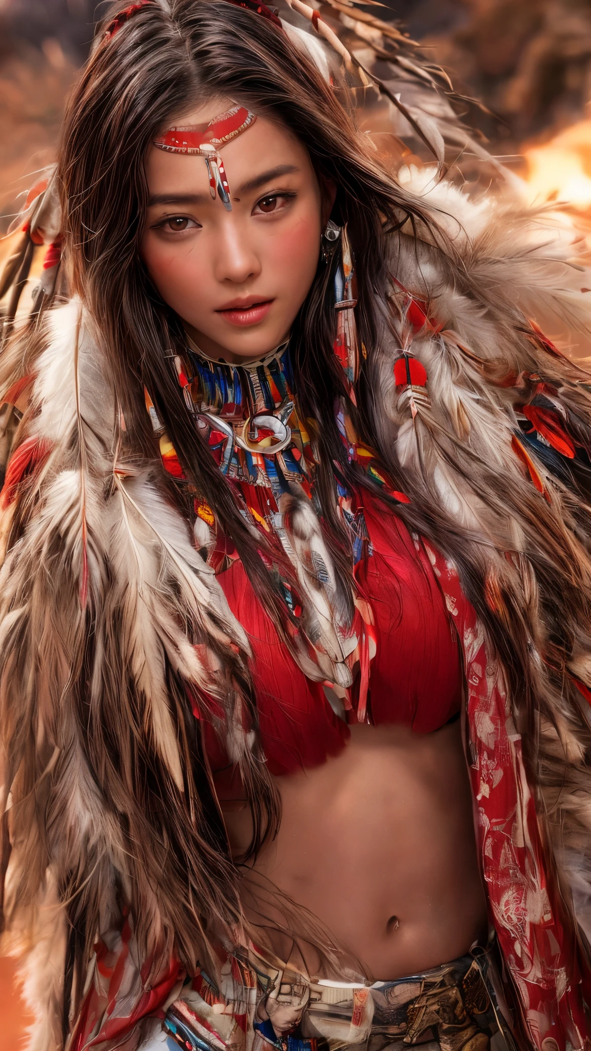 Cinematic、((Dark Skin、Red skin))、(Feather hair ornament)、Ethnic painting、girl,((((Native American)))),Fantasy,(One person:1.3), Detailed eyes, Detailed face, detailed  Native Americanclothing , Volumetric lighting, evening, Highly detailed background, Standing on a big red rock, Grand Canyon、smile,Tilt your head、Very beautiful woman、Slender women、(Detailed face)、Realistic Skin、((Delicate photo))，(Girl Masterpiece RAW Photo Details:1.25), (Highest quality:1.6), (Ultra-high resolution:1.5), (Realistic:1.75),8k resolution, ,50mm,Absurd, Ultra-detailed,Cinema Lighting、((various sexy pose)))、(((various view)))、(((various color)))、(((various type girl)))、