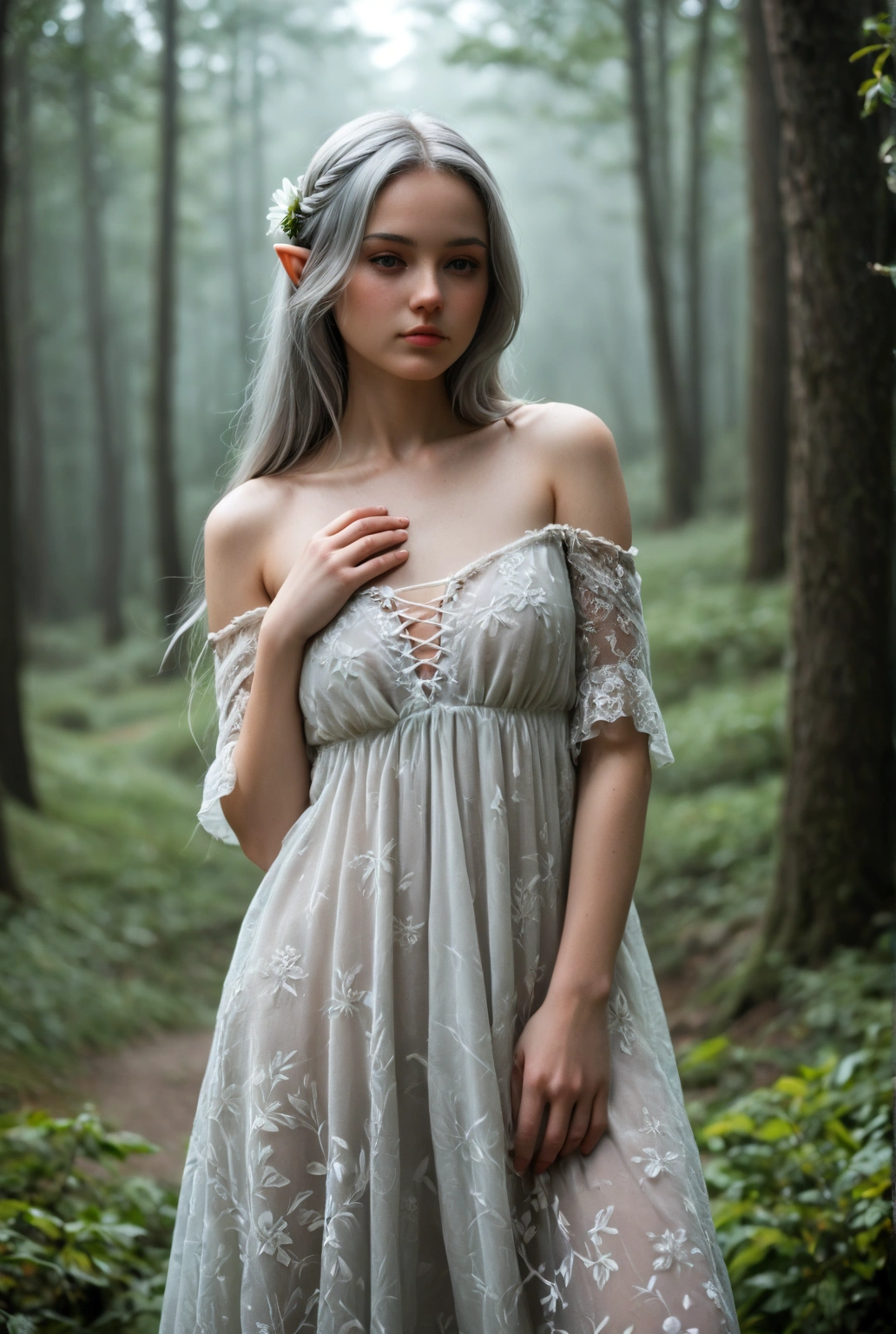 Elf, Mysterious, Straight long hair, Gray Hair, Off-the-shoulder loose dress, Delicate floral details, Standing pose, Look down a little, Fair and smooth skin, Forest Background, Foggy atmosphere, Soft natural light, Shadows create a dreamy effect, Fantasy, Mysterious, Close-up view, Shallow depth of field, Well-controlled exposure, A calm and magical atmosphere.