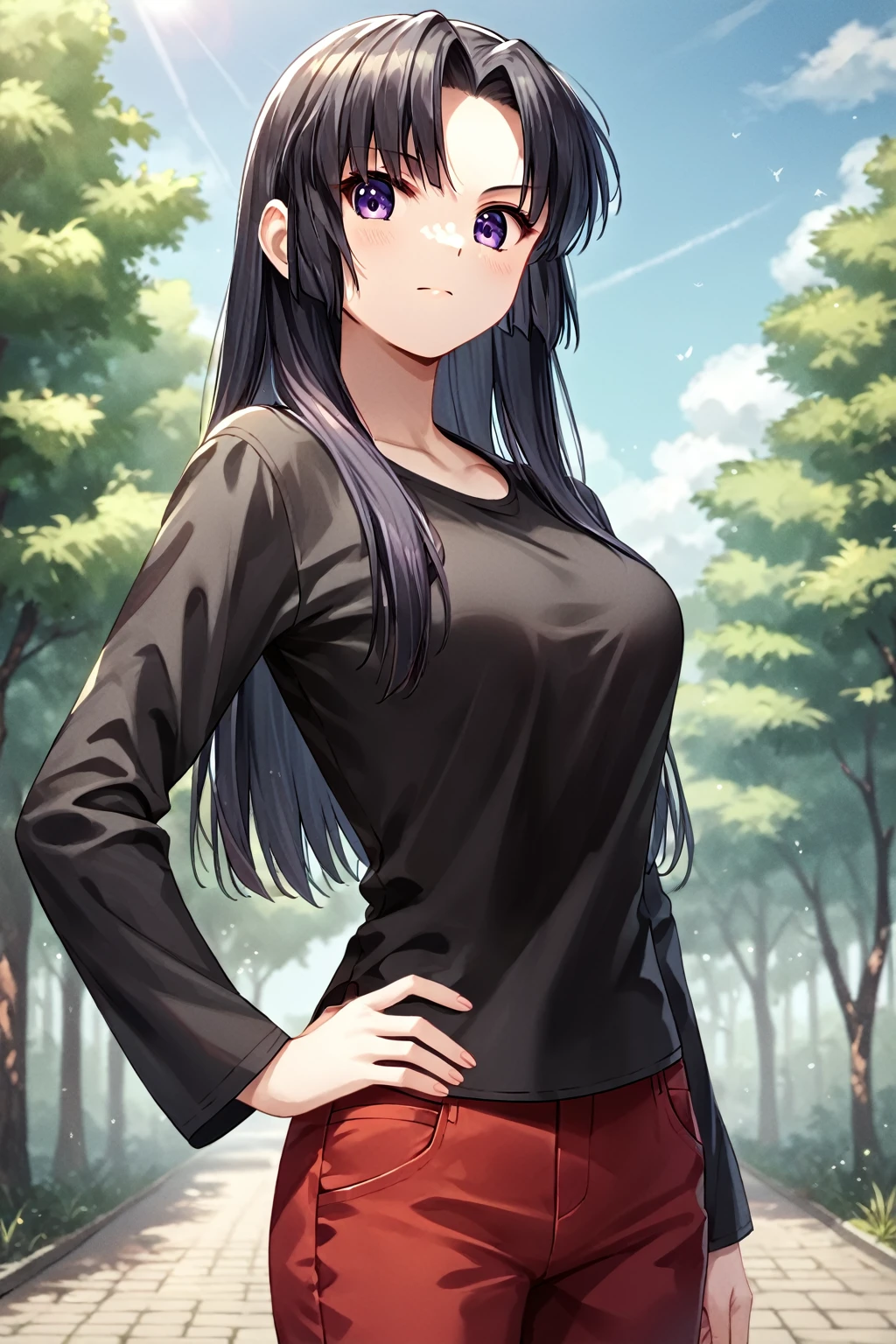 core_9, score_8_up, score_7_up, score_6_up, rating_safe, source_anime, best quality, masterpiece, detailed background, detailed eyes, outdoors, school, hand on hip, kurugaya yuiko, black hair, purple eyes, medium breasts, full breasts, black t shirt, red pants,  long slevees,