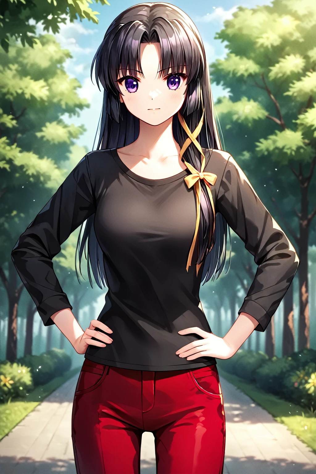 core_9, score_8_up, score_7_up, score_6_up, rating_safe, source_anime, best quality, masterpiece, detailed background, detailed eyes, outdoors, school, hand on hip, kurugaya yuiko, black hair, purple eyes, medium breasts, full breasts, black t shirt, red pants,  long slevees,