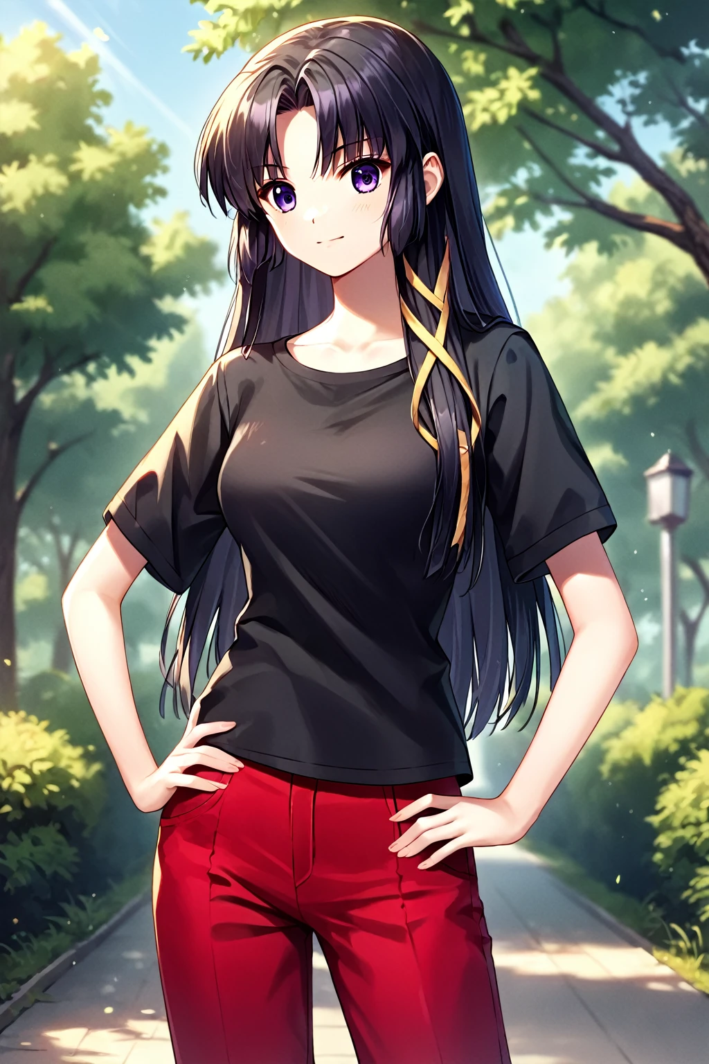 core_9, score_8_up, score_7_up, score_6_up, rating_safe, source_anime, best quality, masterpiece, detailed background, detailed eyes, outdoors, school, hand on hip, kurugaya yuiko, black hair, purple eyes, medium breasts, full breasts, black t shirt, red pants,  long slevees,