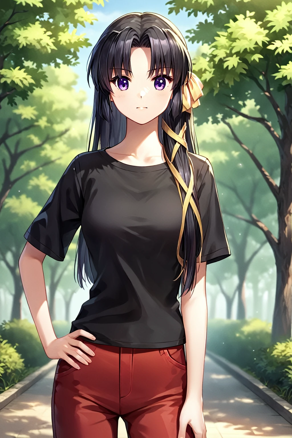 core_9, score_8_up, score_7_up, score_6_up, rating_safe, source_anime, best quality, masterpiece, detailed background, detailed eyes, outdoors, school, hand on hip, kurugaya yuiko, black hair, purple eyes, medium breasts, full breasts, black t shirt, red pants,  long slevees,