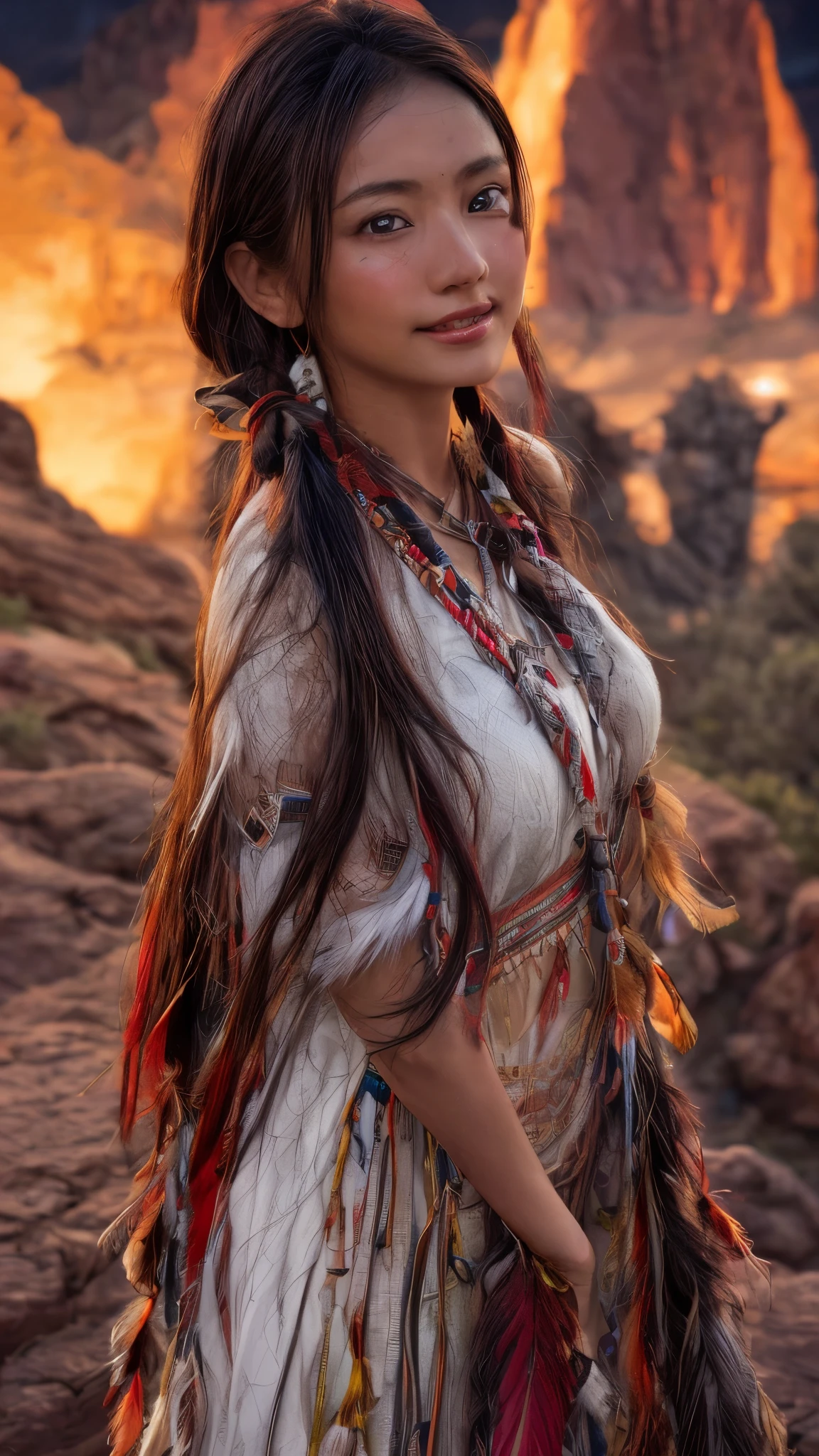 Cinematic、((Dark Skin、Red skin))、(Feather hair ornament)、Ethnic makeup、girl,((((Native American)))),Fantasy,(One person:1.3), Detailed eyes, Detailed face, detailed 、Native Americanclothing, Volumetric lighting, evening, Highly detailed background, Standing on a big red rock, Grand Canyon、smile,((((Native Americanアクセサリー)))), Tilt your head、Very beautiful woman、Slender women、(Detailed face)、Realistic Skin、((Delicate photo))，(Girl Masterpiece RAW Photo Details:1.25), (Highest quality:1.6), (Ultra-high resolution:1.5), (Realistic:1.75),8k resolution, ,50mm,Absurd, Ultra-detailed,Cinema Lighting、((various sexy pose)))、(((various view)))、(((various color)))、(((various type girl)))、