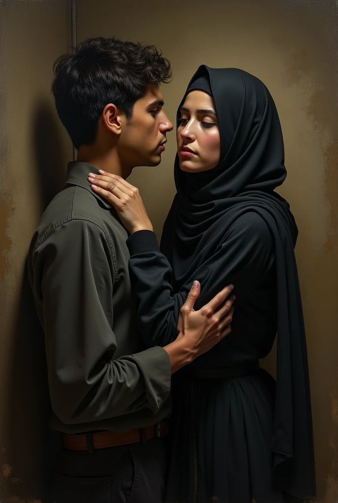 Pale skin kurdish woman in hijab nude shoulder nude arm nude breasts crying sad embracing two black man valentine kissing love in abandoned room 