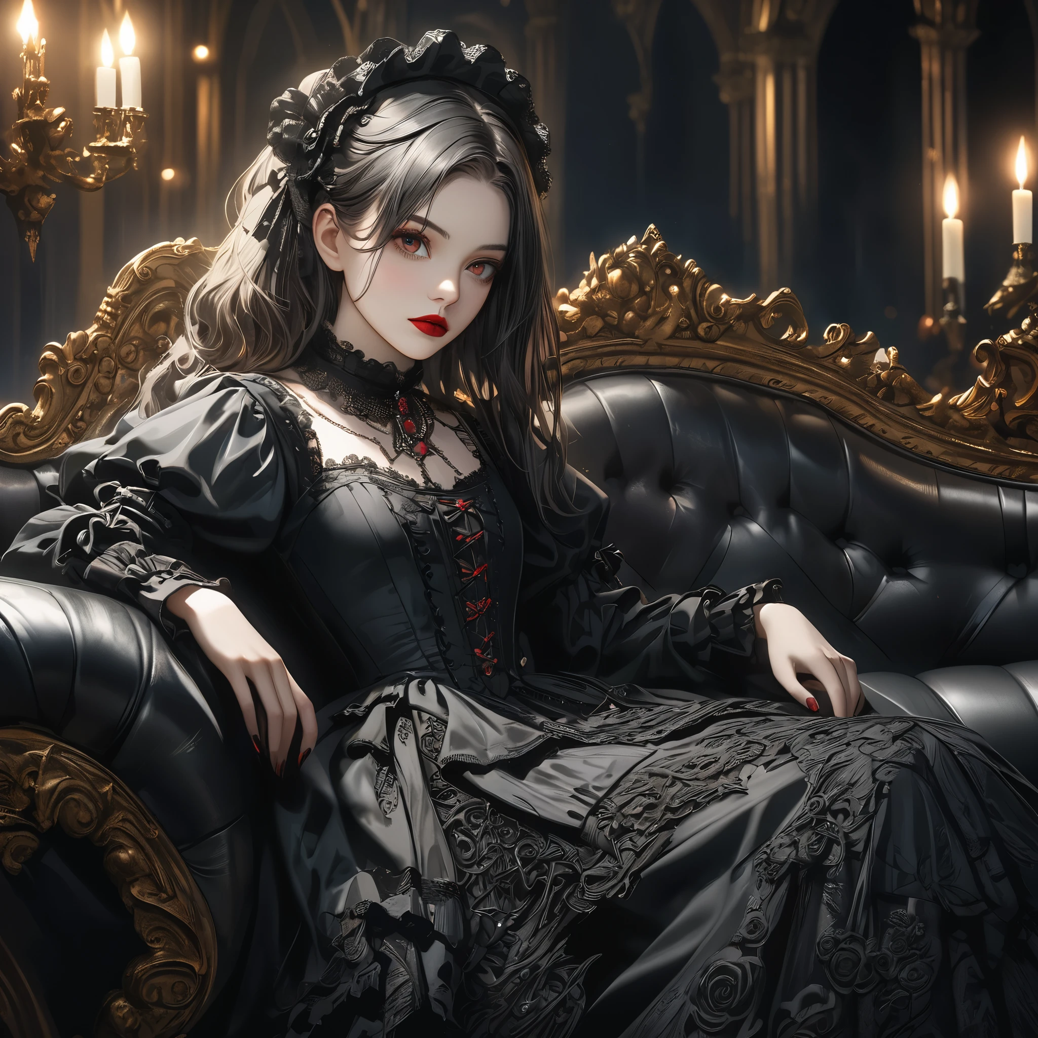 a beautiful gothic lolita girl, 1girl and gothic knight, sitting alone on a black sofa, wearing a detailed black dress with white lace, surreal, high resolution, extremely detailed, most detailed, red lips, baroque, intricate, cinematic lighting, dramatic composition, rich textures, vivid colors, photorealistic, "goth girls" style