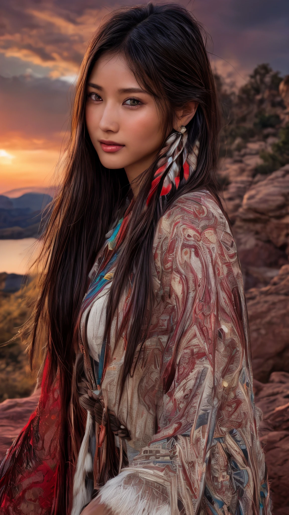 Cinematic、((Dark Skin、Red skin))、(Feather hair ornament)、Ethnic makeup、girl,((((Native American)))),Fantasy,(One person:1.3), Detailed eyes, Detailed face, detailed 、Native Americanclothing, Volumetric lighting, evening, Highly detailed background, Standing on a big red rock, Grand Canyon、smile,((((Native Americanアクセサリー)))), Tilt your head、Very beautiful woman、Slender women、(Detailed face)、Realistic Skin、((Delicate photo))，(Girl Masterpiece RAW Photo Details:1.25), (Highest quality:1.6), (Ultra-high resolution:1.5), (Realistic:1.75),8k resolution, ,50mm,Absurd, Ultra-detailed,Cinema Lighting、((various sexy pose)))、(((various view)))、(((various color)))、(((various type girl)))、