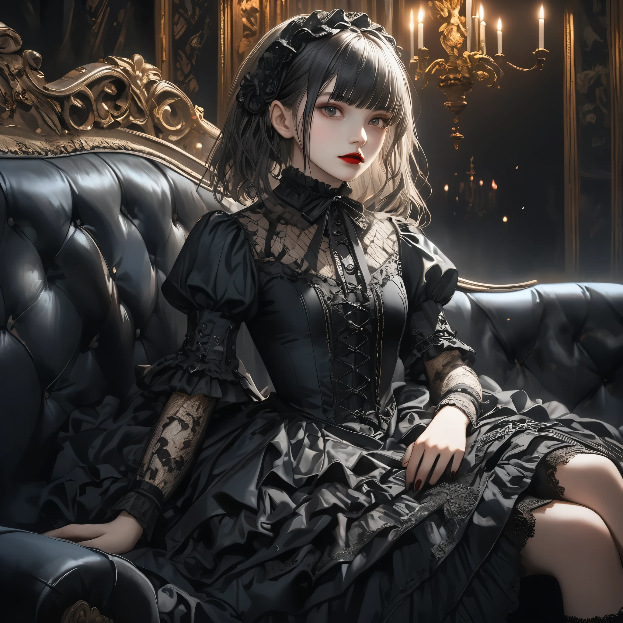 a beautiful gothic ****ta girl, 1girl, sitting alone on a black sofa, wearing a detailed black dress with white lace, surreal, high resolution, extremely detailed, most detailed, red lips, baroque, intricate, cinematic lighting, dramatic composition, rich textures, vivid colors, photorealistic, "goth girls" style