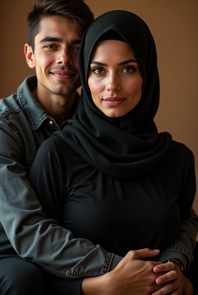 Drawing portrait of a serious 61-year-old man, Much older than the girl. The man has grey hair combed back in a pompadour style, and the sides are shaved, the length of his hair is short, tough body, and has a beard. He wears a black t-shirt and jeans. The girl is smiling and funny and wears black blouse. She has chocolate eyes, fair skin, wear hijab, little chubby and is short.