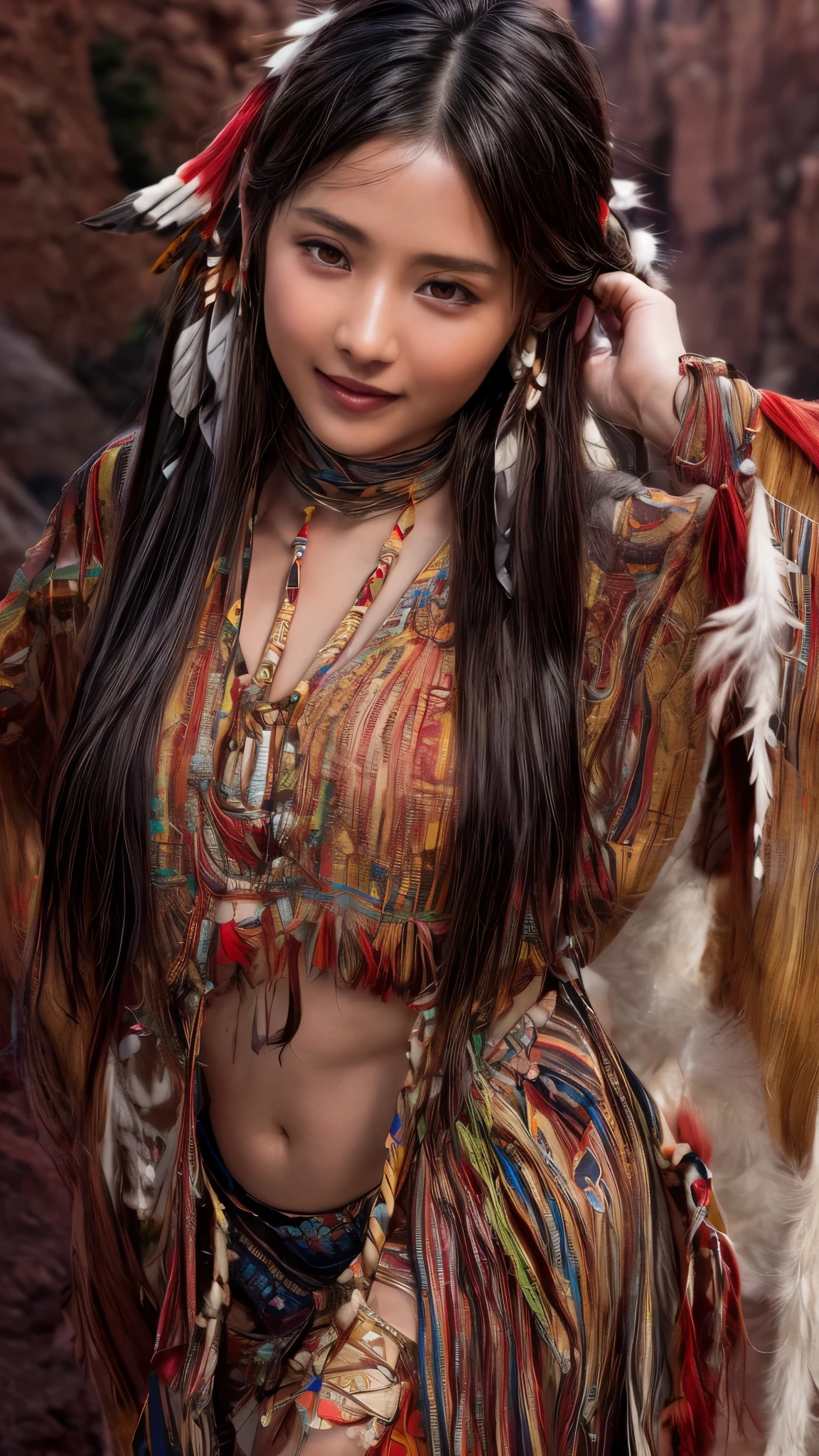 Cinematic、((Dark Skin、Red skin))、(Feather hair ornament)、Ethnic makeup、girl,((((Native American)))),Fantasy,(One person:1.3), Detailed eyes, Detailed face, detailed 、Native Americanclothing, Volumetric lighting, evening, Highly detailed background, Standing on a big red rock, Grand Canyon、smile,((((Native Americanアクセサリー)))), Tilt your head、Very beautiful woman、Slender women、(Detailed face)、Realistic Skin、((Delicate photo))，(Girl Masterpiece RAW Photo Details:1.25), (Highest quality:1.6), (Ultra-high resolution:1.5), (Realistic:1.75),8k resolution, ,50mm,Absurd, Ultra-detailed,Cinema Lighting、((various sexy pose)))、(((various view)))、(((various color)))、(((various type girl)))、