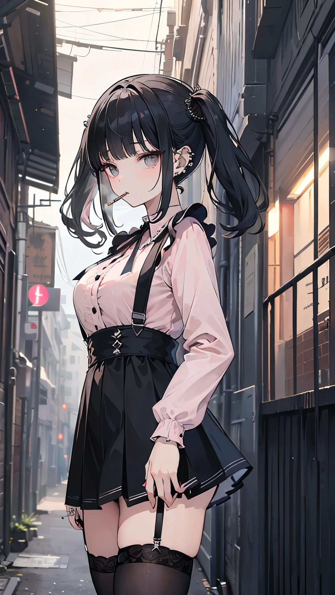 ((masterpiece、Highest quality、Very detailed))、One girl、smoking girl、Black Hair、Medium Hair、twintails、blunt bangs、Grey Eyes、expression、((lots of piercing))、Moderate breasts、((Pink Shirt))、Frills、Black Ribbon、((Black suspender skirt))、((miniskirt))、((black thighhighs))、jirai fashion、Cowboy Shot、((night))、Alley Background
