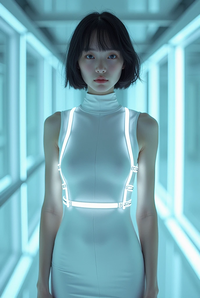 Masterpiece and top quality、A mysterious and sophisticated young Japanese fashion model with ultra-realistic and avant-garde blue eyes、She wears futuristic and very sexy fashion.。She stands there, captivating the audience.、The angle is from below, so the whole body is in the frame.。She was wearing a white sleeveless turtleneck shirt made of a smooth see-through material and a simple girly miniskirt.、Additionally, multiple elastic white LED harnesses are designed.、It highlights the minimalist aesthetic。Wearing futuristic accessories、Wearing technical sneakers、The overall atmosphere exudes harmony and striking simplicity.。Very small head and face、Happy look、It has a wide duck mouth with its mouth half open.、Perfectly aligned large teeth and beautiful front teeth、The bright blue eyes are half-open and shiny, droopy.。She has gray hair and、Standing inside a futuristic colony。Her figure is very slim waist(1.2)in addition to、Huge breasts and a bold exposed cleavage、And a very big ass(1.5)have。