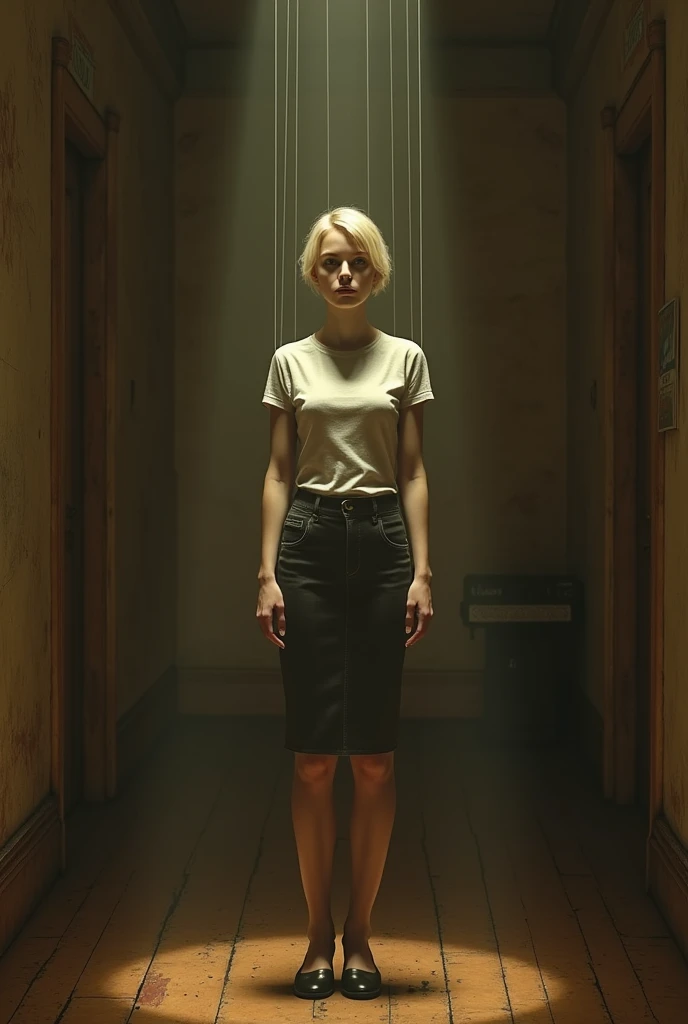  trapped in a laboratory, He is wearing a white shirt, white pants and white shoes. She has blonde hair and her eyes have a red light., She is locked in what looks like a cell with grey walls.