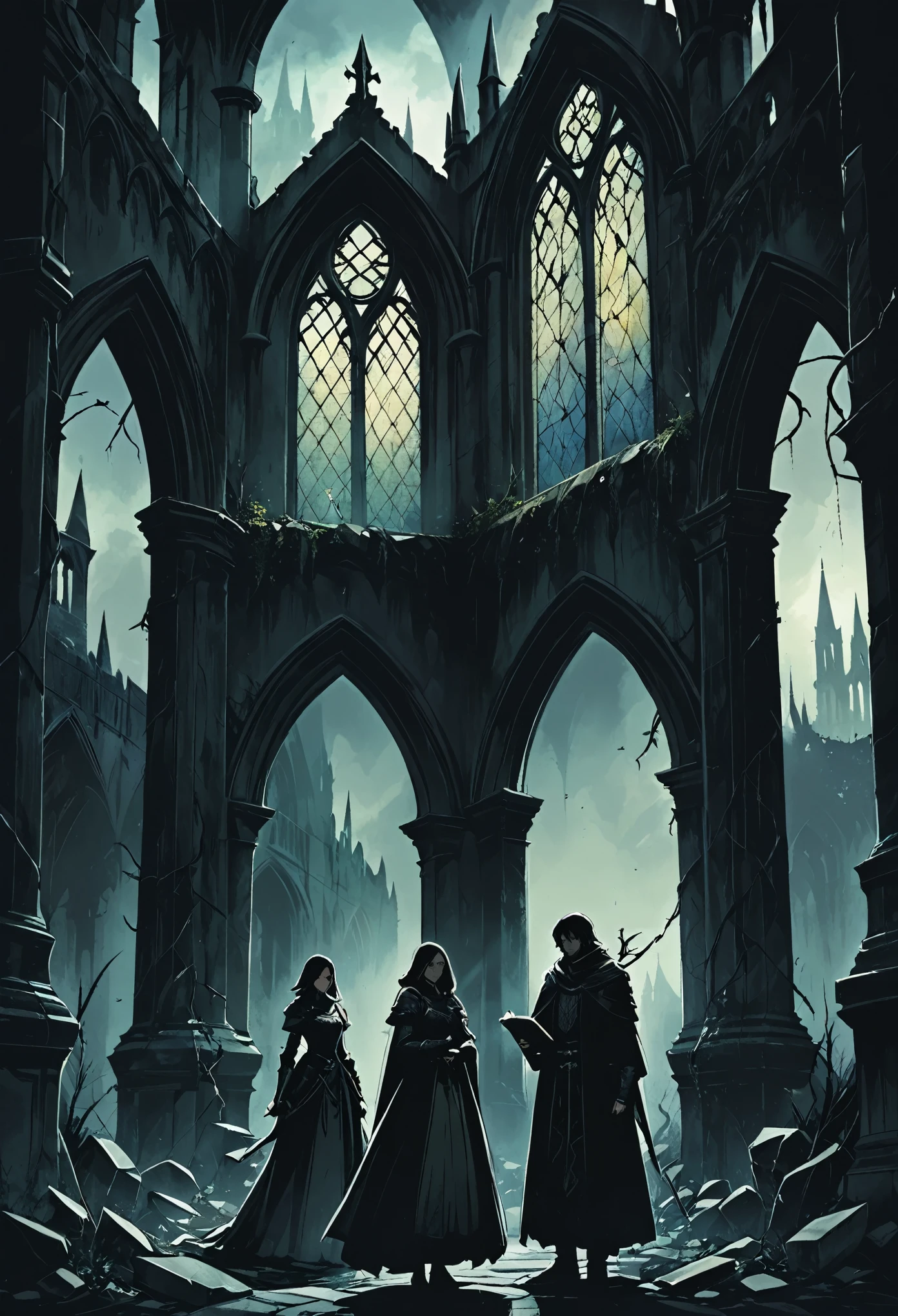 dark fantasy scene of two characters dressed in medieval-style clothing, standing in a ruined, ancient cathedral. The man and woman are holding an old, magical tome, their expressions serious as they study its dark secrets. The once-beautiful stone arches of the cathedral are now overgrown with twisted vines and dark shadows, with faint, eerie light seeping through cracked stained-glass windows. Gargoyle statues and crumbling pillars surround them, and the atmosphere is filled with a sense of ancient magic and impending doom. The sky outside is clouded, casting a muted, cold light over the scene as dark, mysterious forces loom in the distance