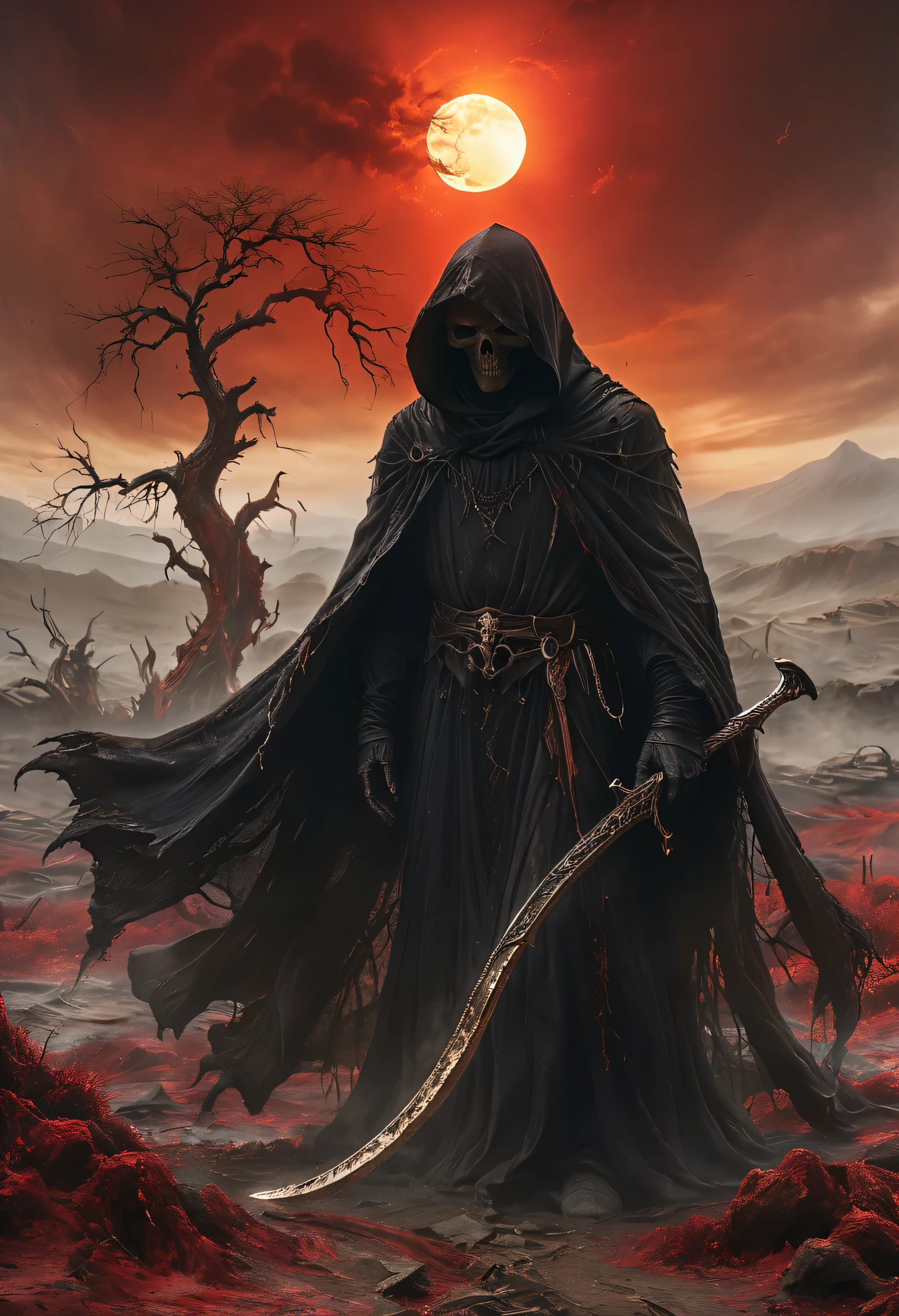 dark, atmospheric image of a towering, hooded figure resembling the Grim Reaper. The figure is cloaked in a flowing, black robe, holding an ornate scythe with intricate details. Behind the figure, a glowing red sun or moon emits a fiery aura, casting an ominous light over the scene. The setting is a desolate landscape with gnarled, dead trees and rocky terrain, creating an eerie and foreboding atmosphere. The Reaper’s skeletal face is partially obscured by the hood, and the scene is imbued with a sense of dread and power