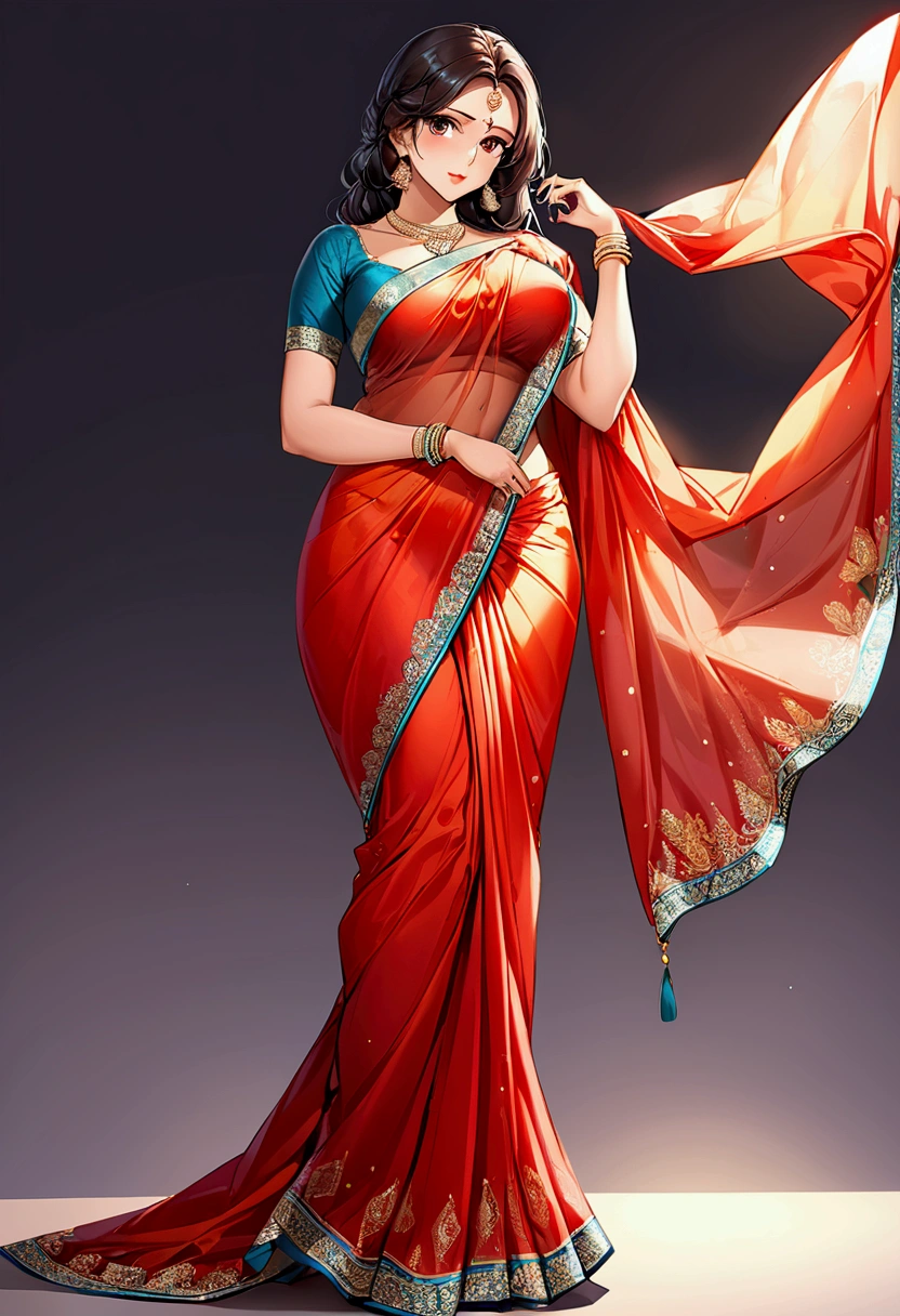 One woman in saree hot figure out the full body Indian women big boobs and red colour 