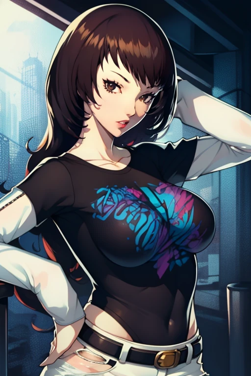 Persona3Mitsuru,glossy lips, 1girl, solo, black t-shirt, white shirt, blue jeans, belt, lipstick, large breasts, layered sleeves