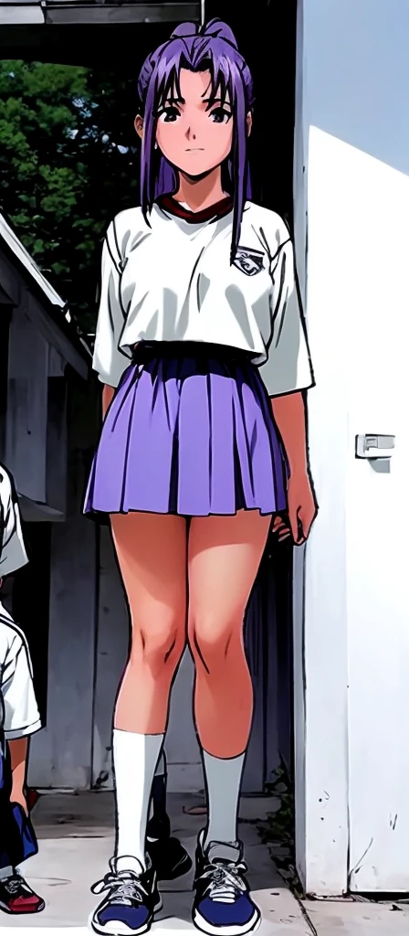 Momoko Koigakubo, a tall girl with beautiful legs, stands in a white gym uniform and light navy blue bloomers that look like panties.。Standing next to Momoko Koigakubo is a second-grade boy dressed in casual clothes.。Angle from behind。