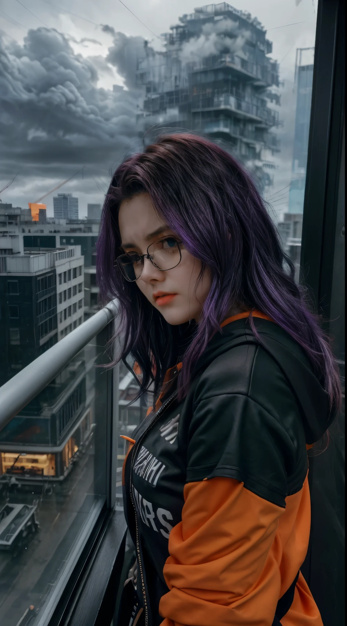 (8k, Movie, 16mm wide-angle lens, Aperture 8, Multi-angle shooting, Rich in details, bird's eye view), (dark clouds), (cyberpunk balcony), (outdoor), (rainy weather), (realistic illustration), (cinematic), (looking out the window), (35mm color lomography), 1girl, alone, young, androgynous, purple hair, purple long hair, (very messy hair), extremely messy hair, curly hair, wavy hair, spiked hair, temperamental hair, Blue eyes, yeux bleu clair, wearing square glasses, black square glasses, Square Glasses, purple hair, long hair, Longhaire, casual, Orange Hoodie, orange colored hooded vest, she wears a very orange hooded vest, Jaded, annoyed, neutral expression, tired expression, half opened eyes, sleepy, pitiful expression, brutalism architecture, bland colors, very low saturation, cloudy day, black clouds, bad weather, leaning on a balcony, inclined on veranda overlooking on the city, Terrace at daytime, city in the background, oil painted background, green touches of color, fog, looking at the city, looking at the distance, looking at the sky, facing the city, 3/4 view, Pensive, thinking, wiki, Works by Carne Griffiths and Wadim Kashin, work by Roger Haus, work by Xhxix, Work by Toshiya, work by nyaonoekaki, ferry nopanamaman artstyle