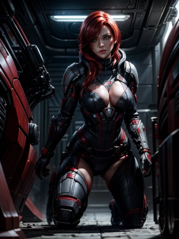 Foreshortened frontal shot of a stunning 30-year-old inspired by Bryce Dallas Howard, her striking features illuminated by starlight. completely naked that allows you to admire her toned physique and you can see her perfect body, metallic black combat gloves, technological combat wristbands with display, very long curly and disheveled orange-red hair that falls in ringlets over her enormous breasts, combat headset with micro, thigh holster with futuristic weapon, physically powerful girl, fit girl, dark green eyes, thick pink lips, round ass and perfect buttocks, narrow waist, normal hips, heavy makeup, very colorful tribal tattoos all over the body, absolute beauty. The girl is wearing a very worn and torn dark blue cape with a torn hood that is blown in the wind, she is not wearing panties, she is not wearing a bra, large and erect nipples, completely naked, pussy in sight, tits shown.In the In the background is the image of a mysterious and dark alien planet, which takes the viewer's gaze away from the captivating smile of the young beauty. Captivating and mysterious alien otherworldly landscape, with alien ruins and alien vegetation