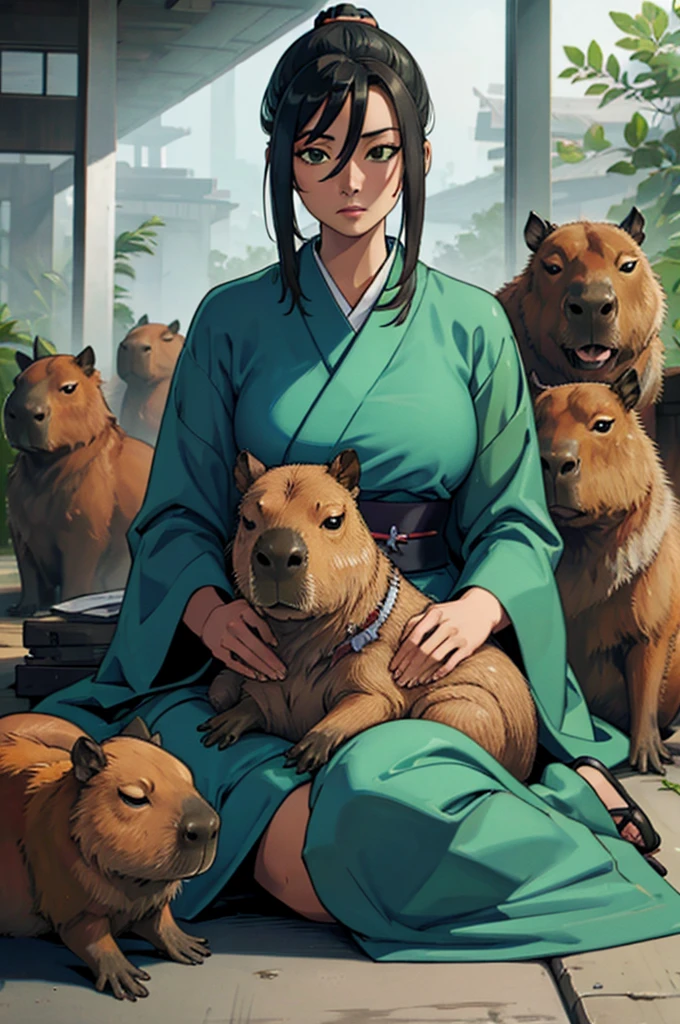 Capybara samurai, dressed in a green kimono and sitting on the lap