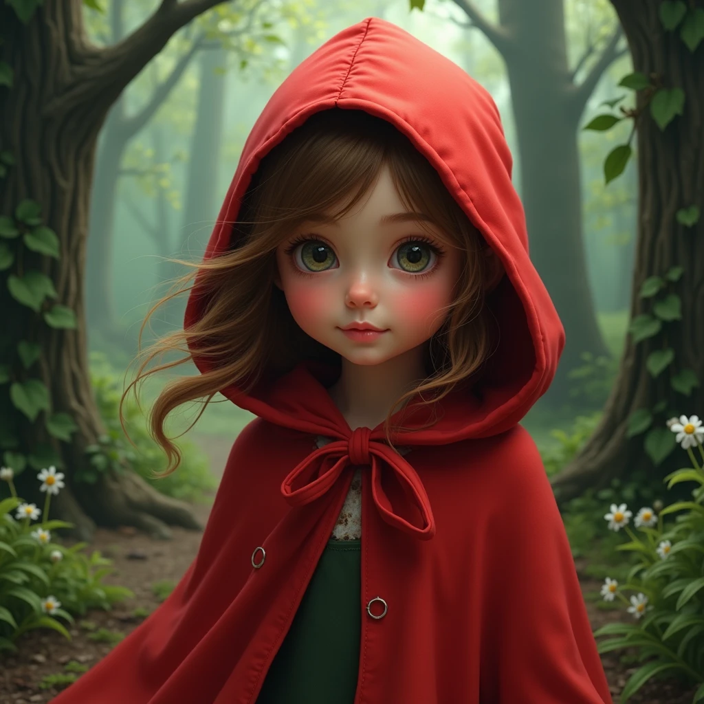 little Red Riding Hood nude at the florest, perfect eyes, beautiful face, pubic hair, small breast