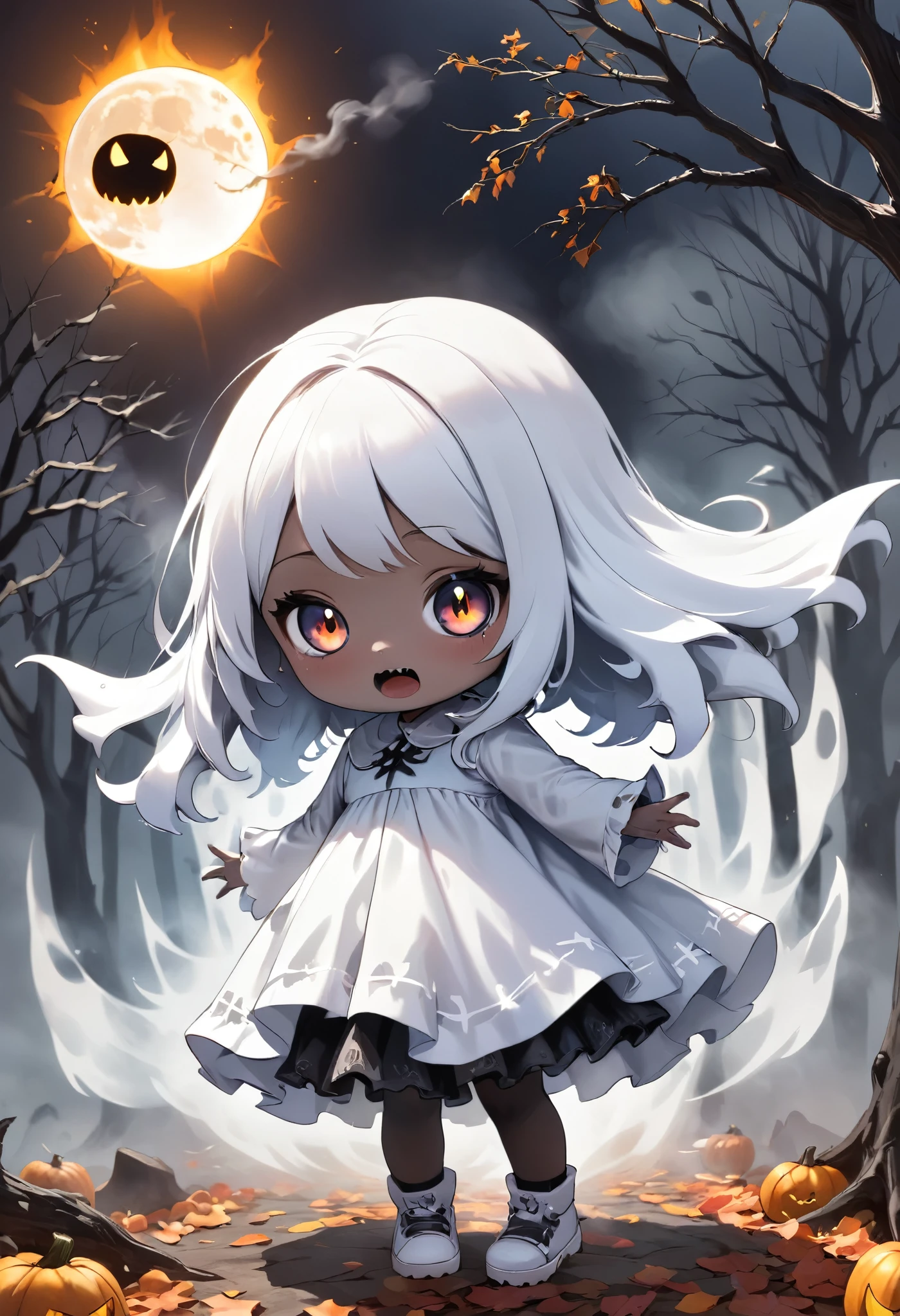 1girl,halloween ghost costume,chibi,horror,smoke, rotten tree, solar eclipse, cross eye