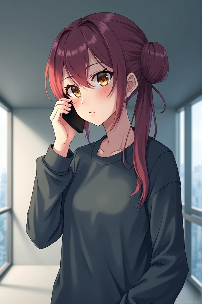 Masterpiece, highres, high Quality, detailed face, from above, over-the-shoulder shot, solo, cafe, stoic, phone in hand, head tilt, blank expression, Gray eyes, dark red hair, swept bangs, low twin tails, white ribbons, gray strapless shirt with white trim, black jeans, small breasts, toned arms, tablecloth texture visible, steaming cup of coffee nearby.