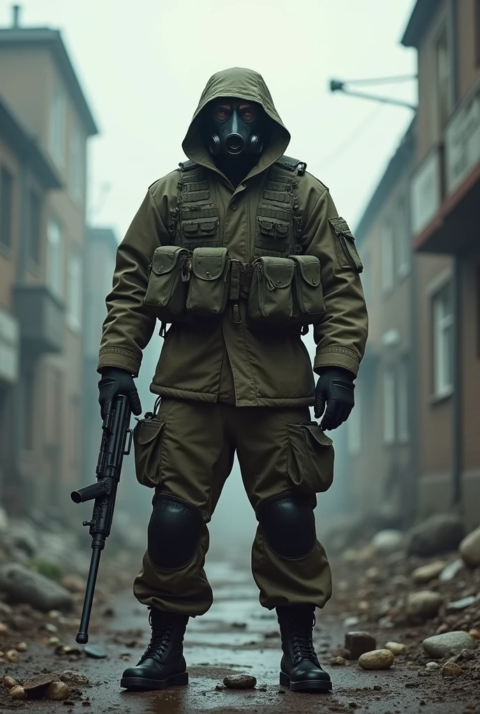 A soldier at war wearing a gas mask, in a destroyed scenario in ruins and zombies attacking the military base, 4 K. behance photo --auto --s2