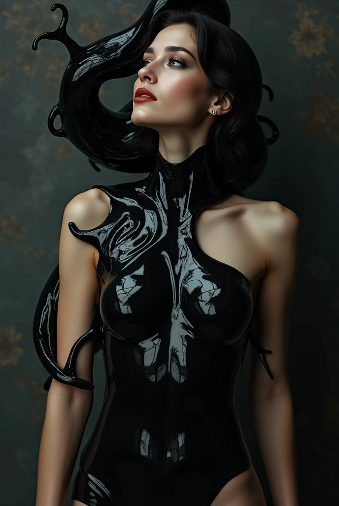 Hr giger tattooed sexy seductive dead girl, vertical slit eyes, full body view,